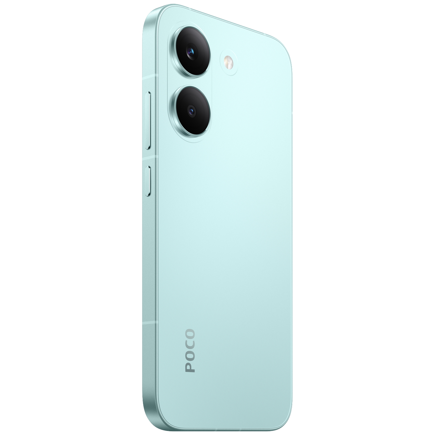 Light blue smartphone with two cameras and POCO logo, viewed from the back.