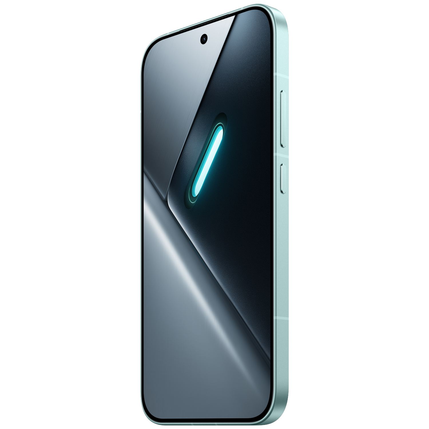 A light green smartphone with a glowing blue accent on its dark screen.