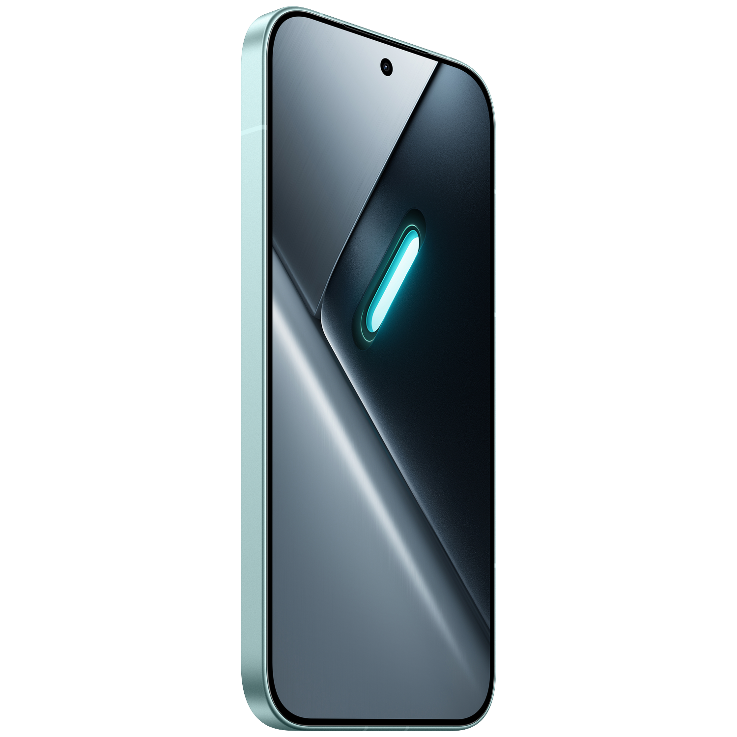A light green smartphone with a glowing blue light on its screen.