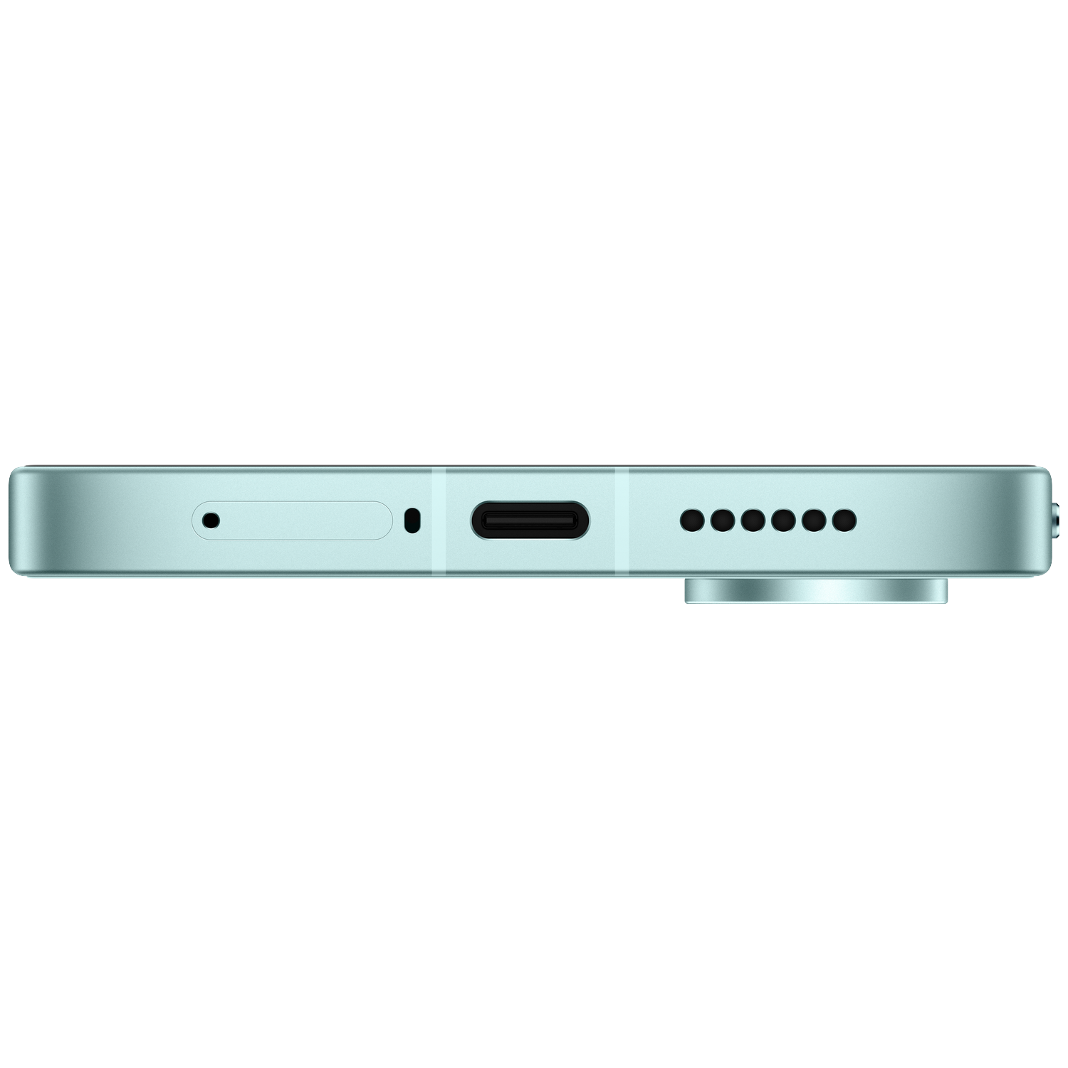 Teal smartphone profile showing charging port and speaker grilles.