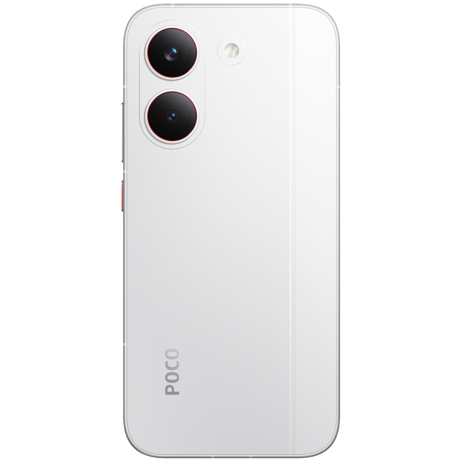 Een witte smartphone met twee camera's en het POCO-logo op de achterkant.