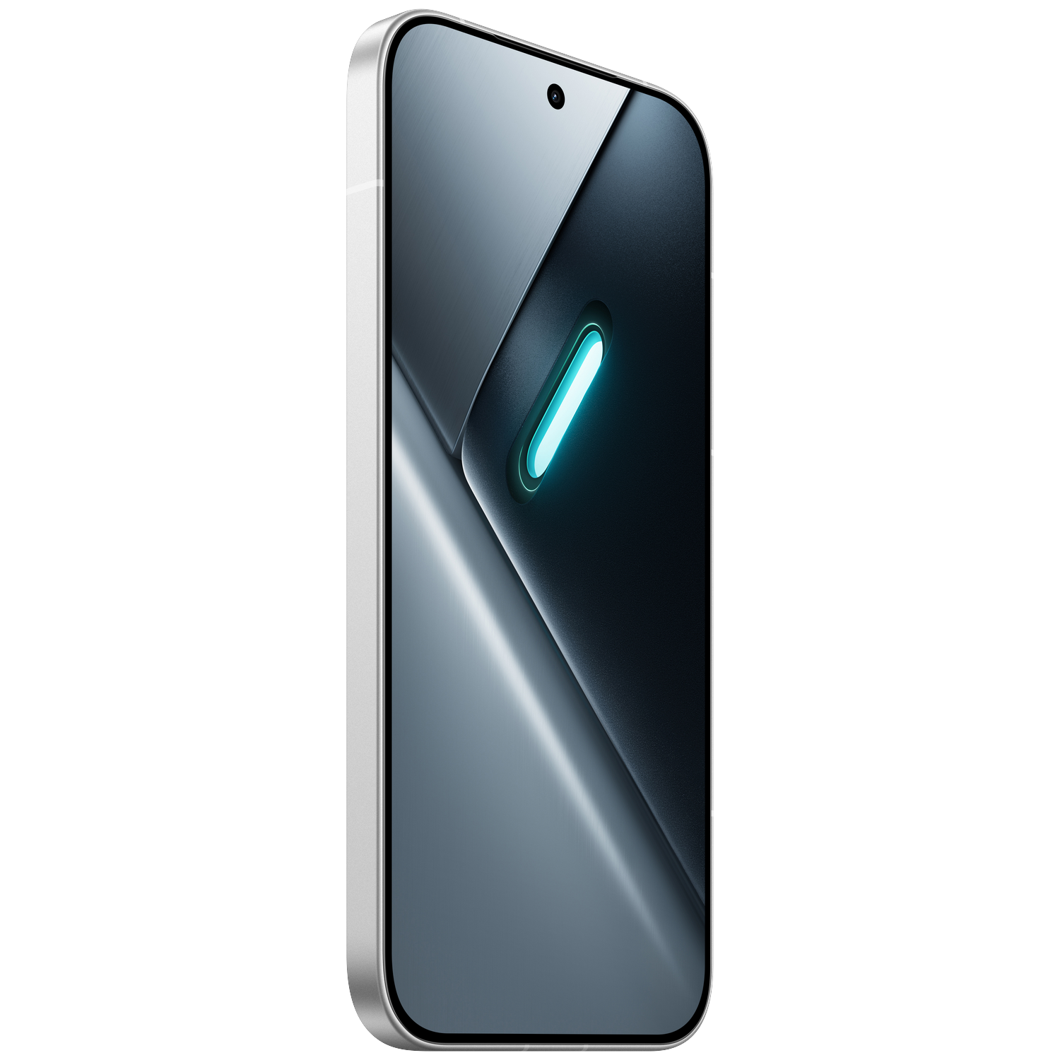 Een zilveren smartphone met een gloeiende blauwe strip op een zwarte achtergrond.