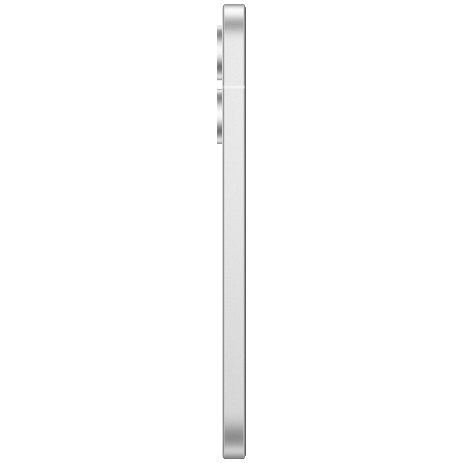 Zilveren smartphone in profiel tegen witte achtergrond.