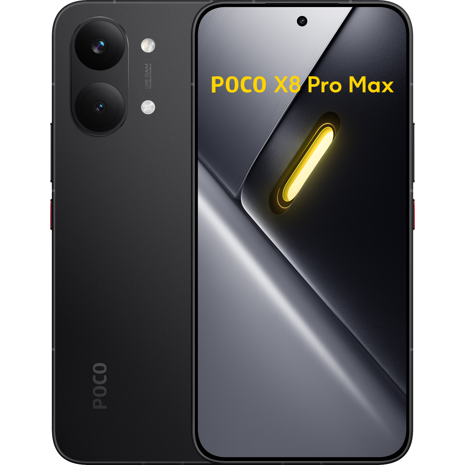 Black POCO X8 Pro Max phone with dual cameras and a yellow light accent.