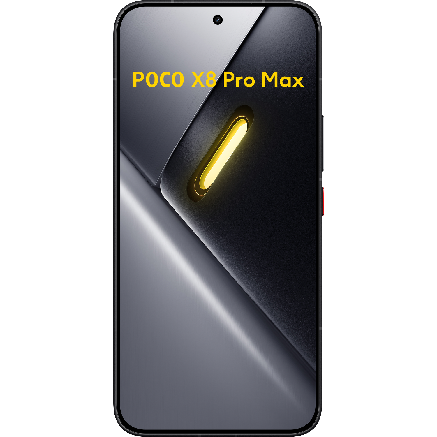 A smartphone displaying POCO X8 Pro Max text and a yellow light strip.