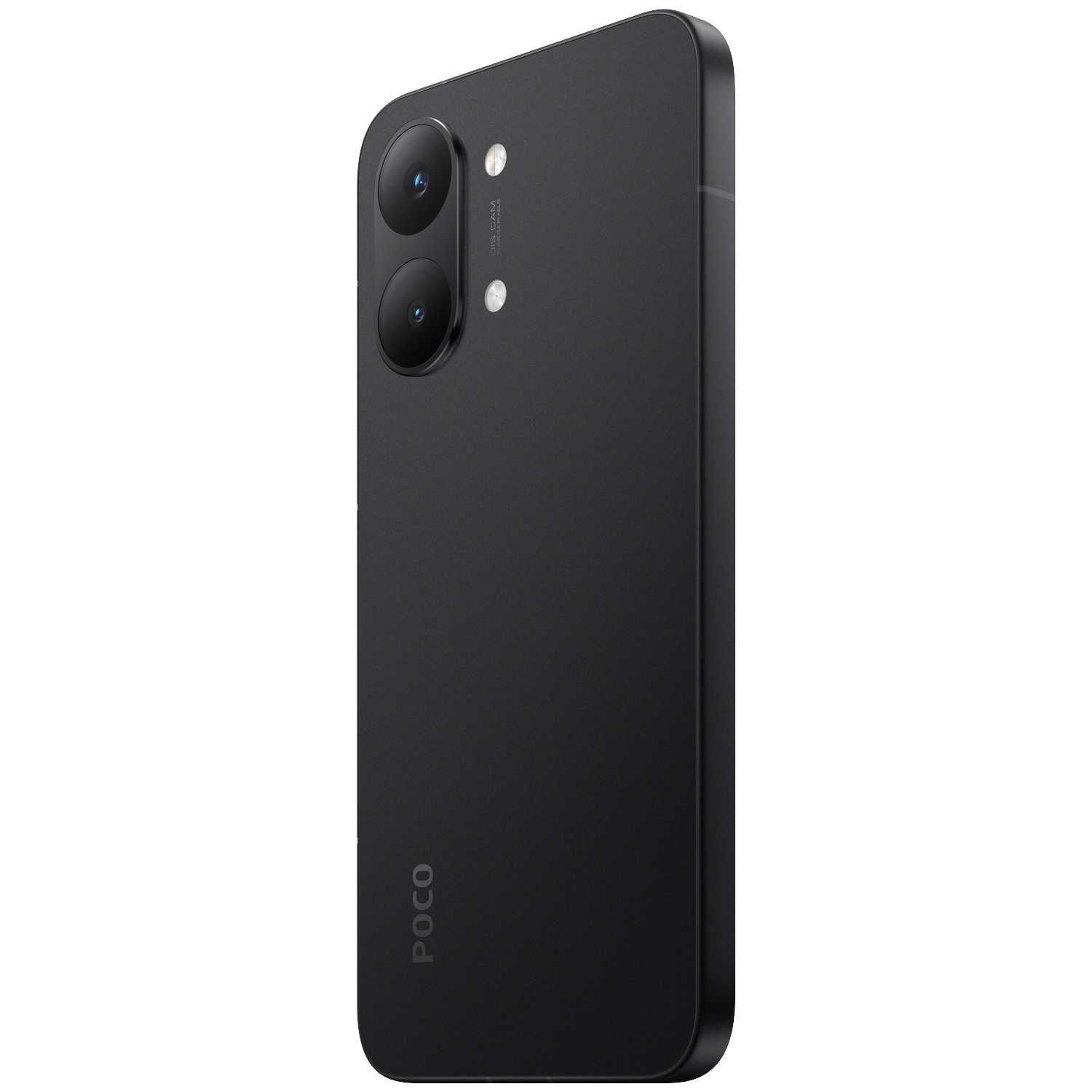 Black smartphone with dual camera and POCO logo, viewed from the side.