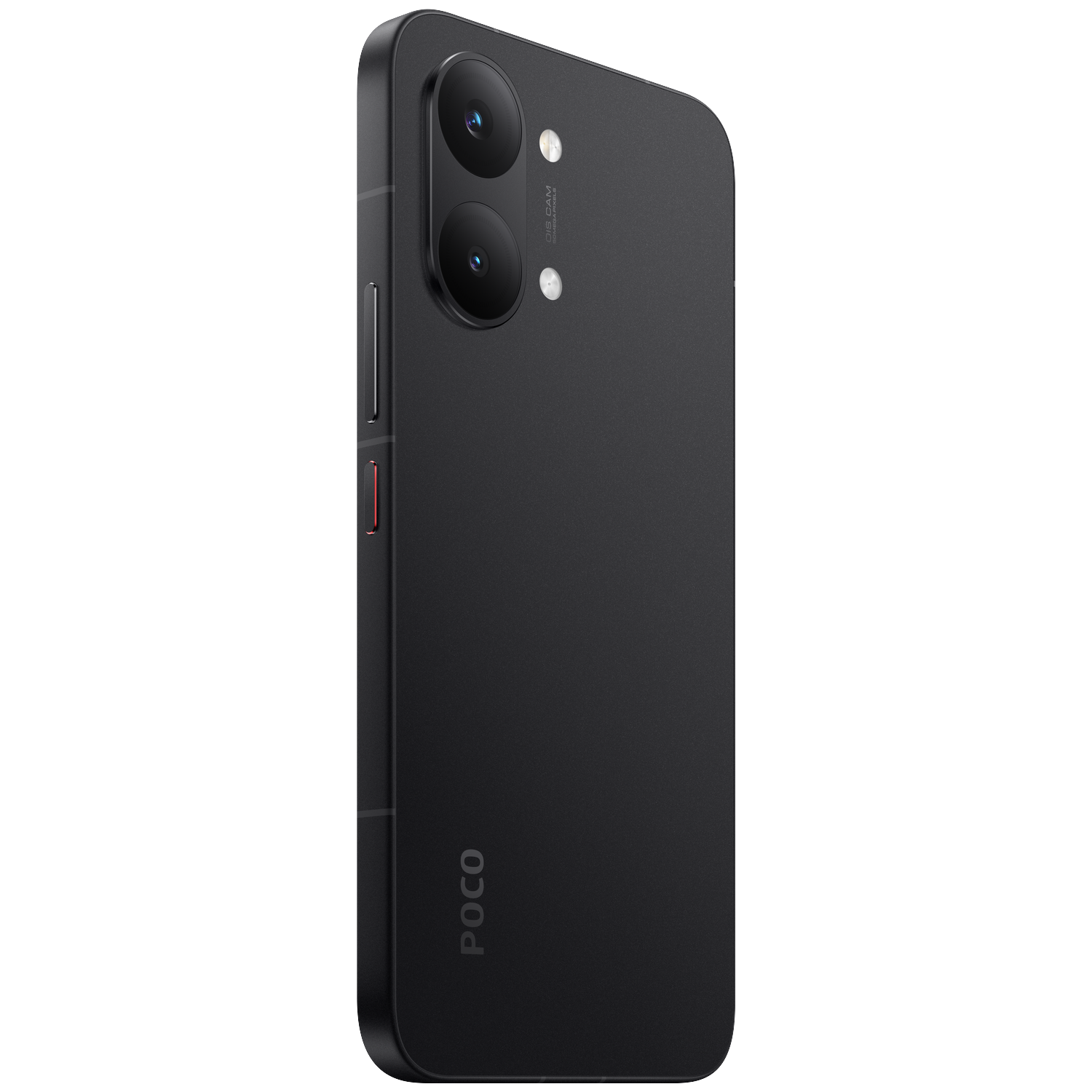 Black smartphone with dual rear cameras and POCO logo.