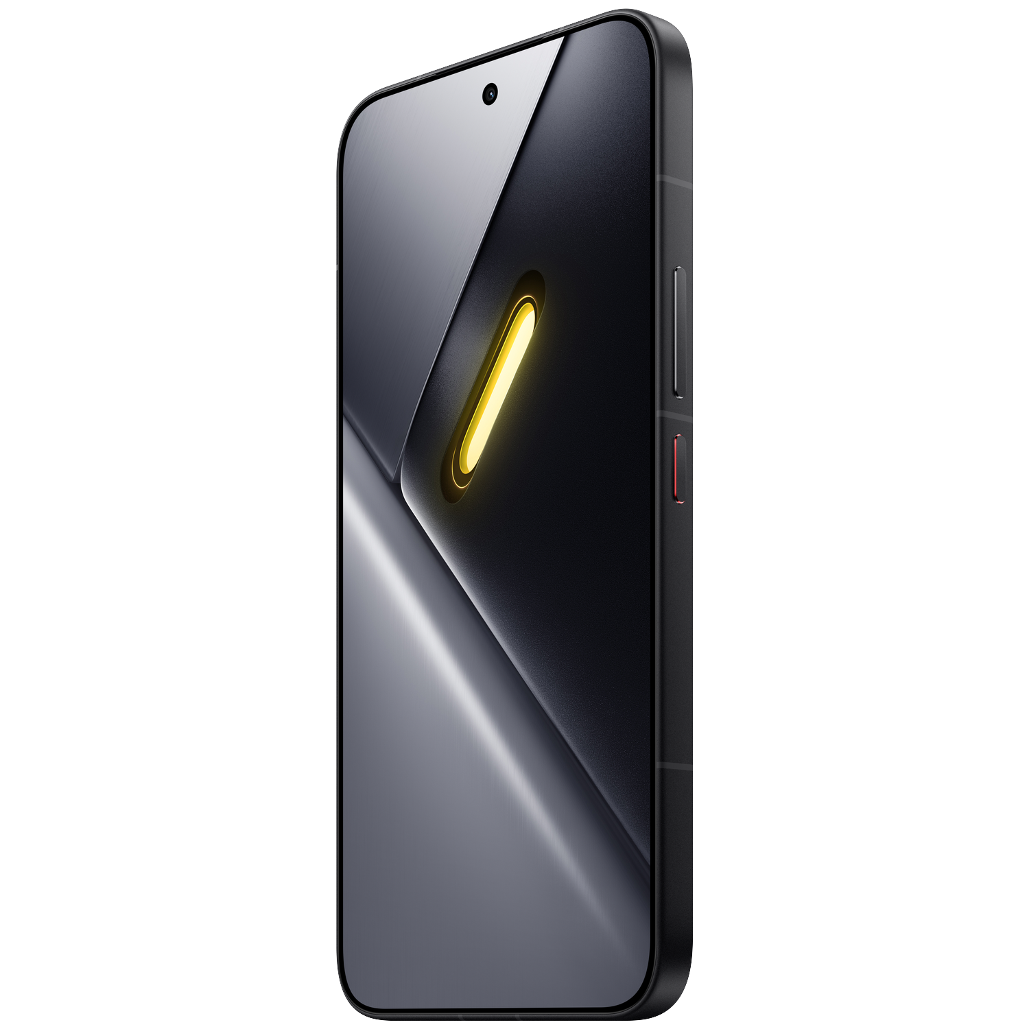 Black smartphone with a yellow light strip on the back, angled view.