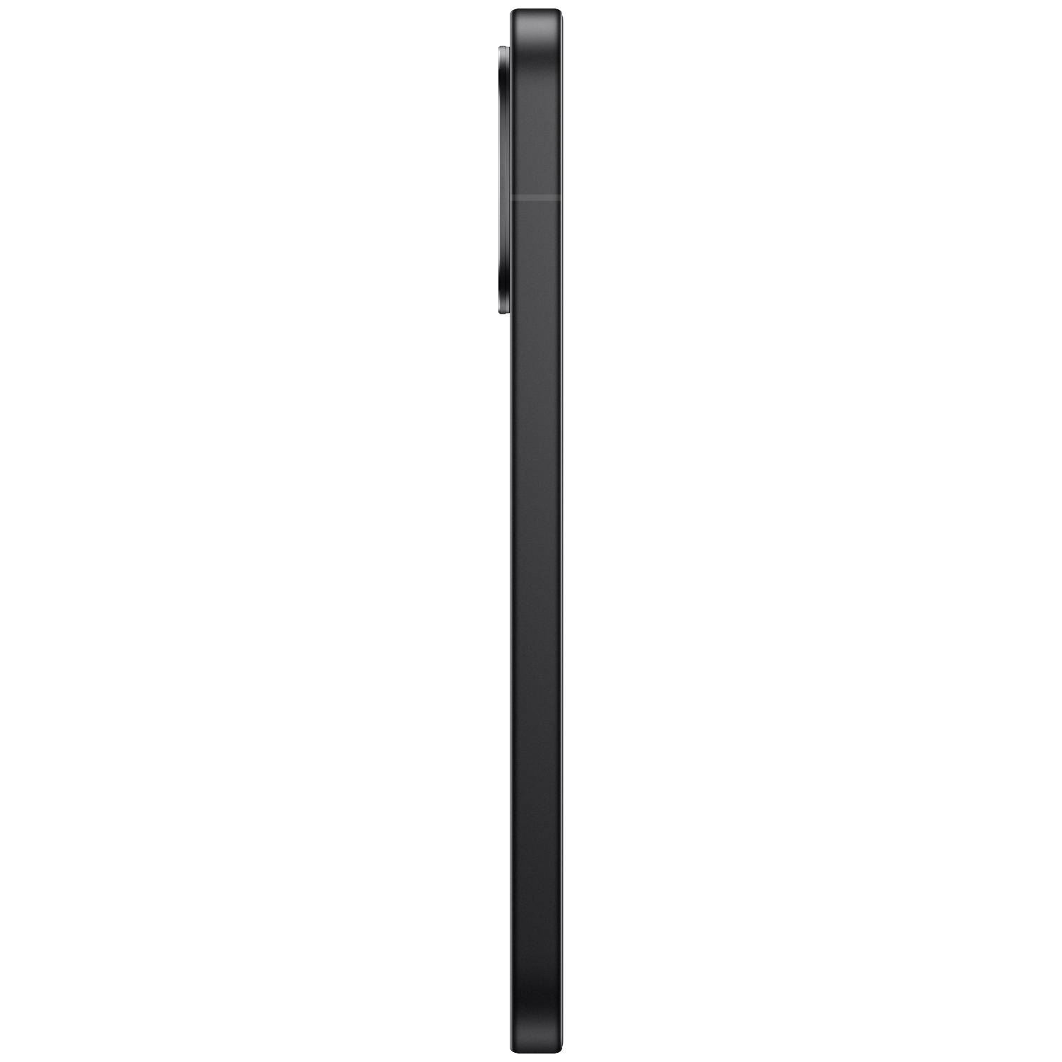 Black smartphone in profile on a white background, camera at top.