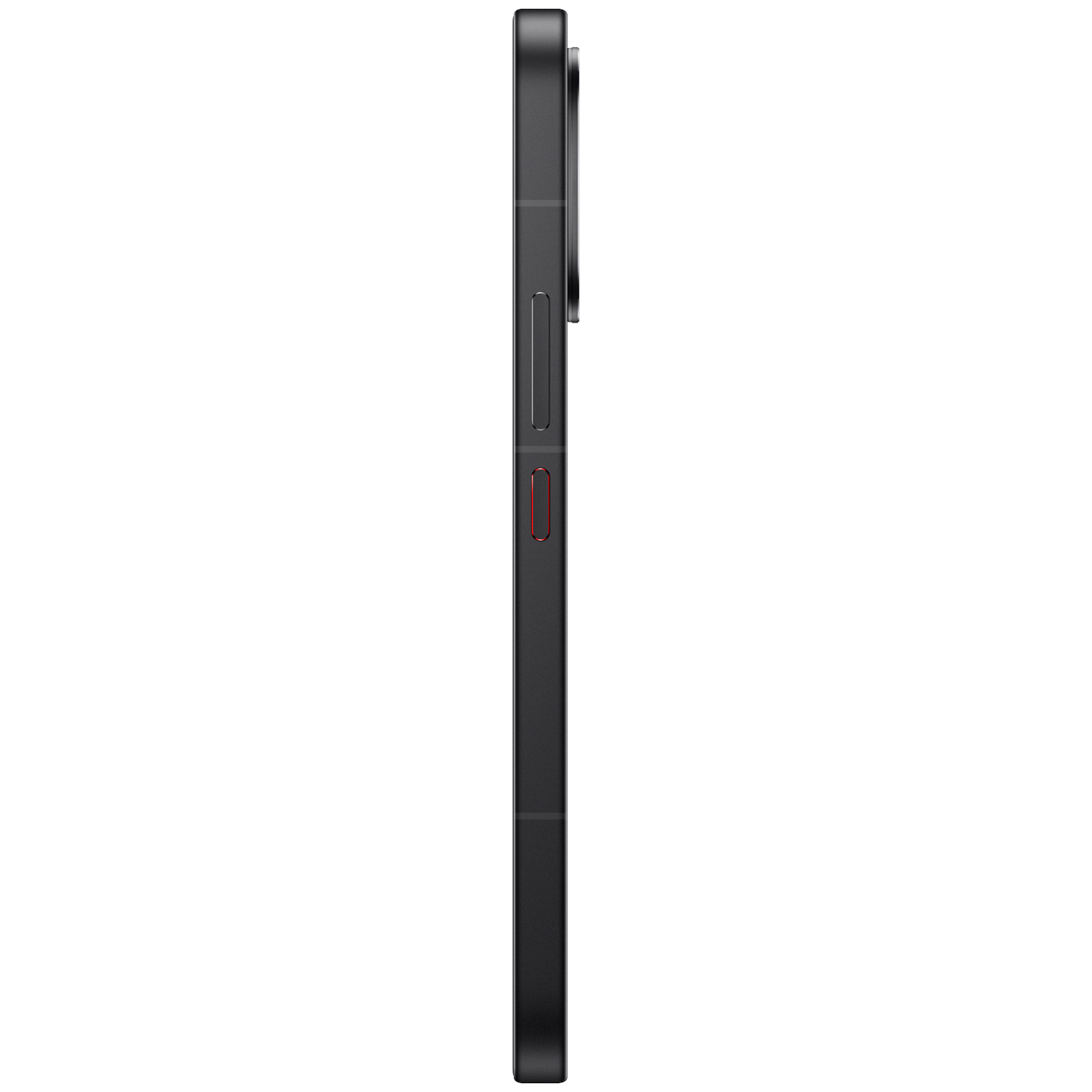 Gray smartphone with a red accent button, viewed from the side.