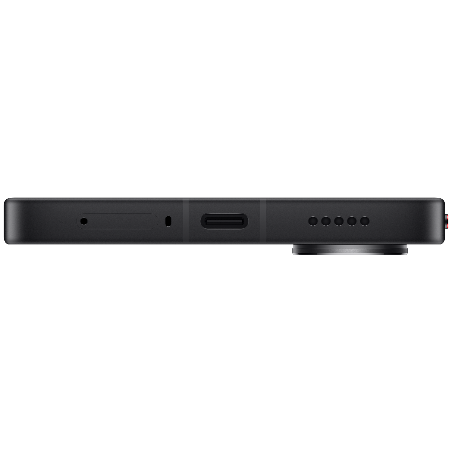 Close-up of a black smartphone, bottom edge showing USB-C port and speaker grilles.