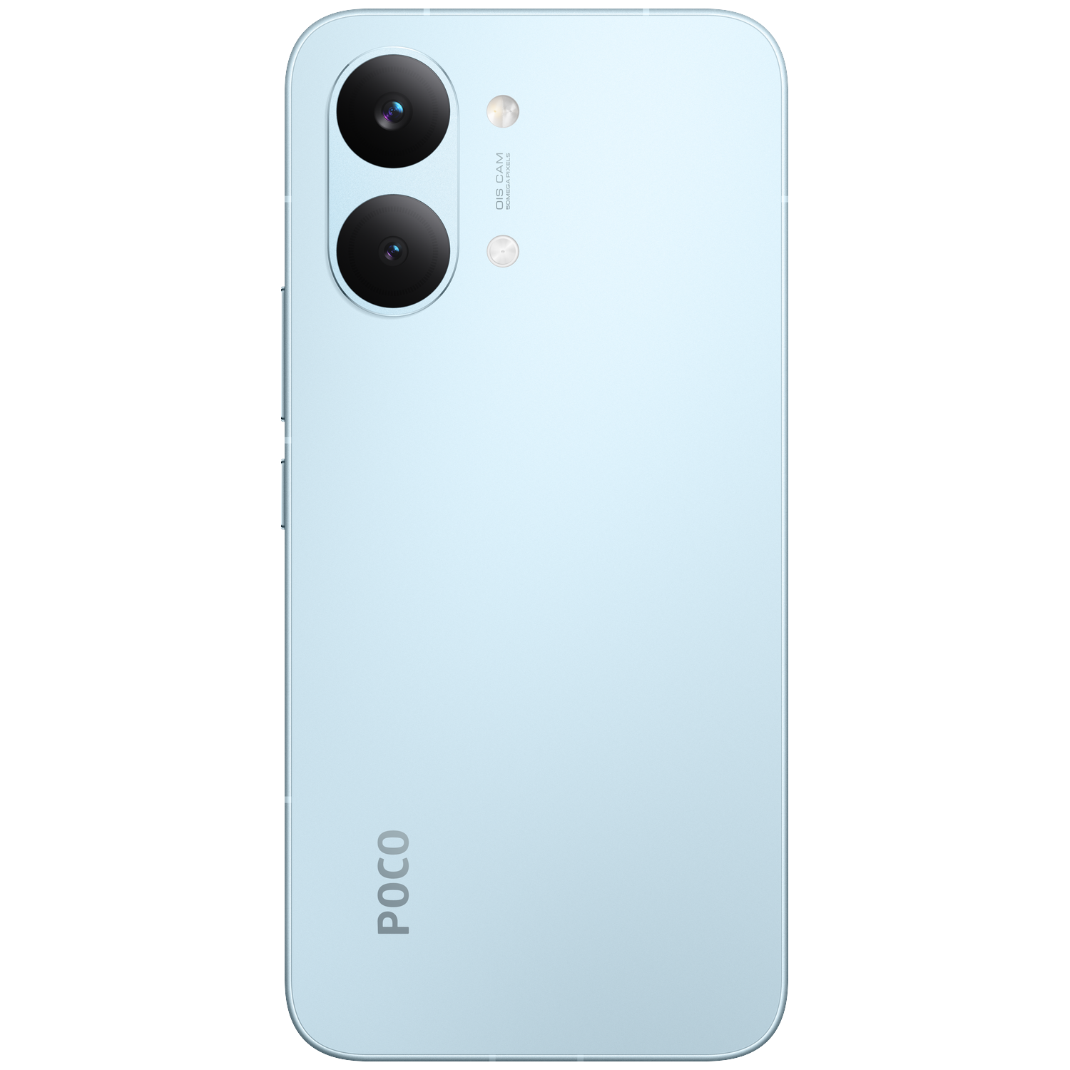Light blue phone back. Dual camera system. POCO logo visible.