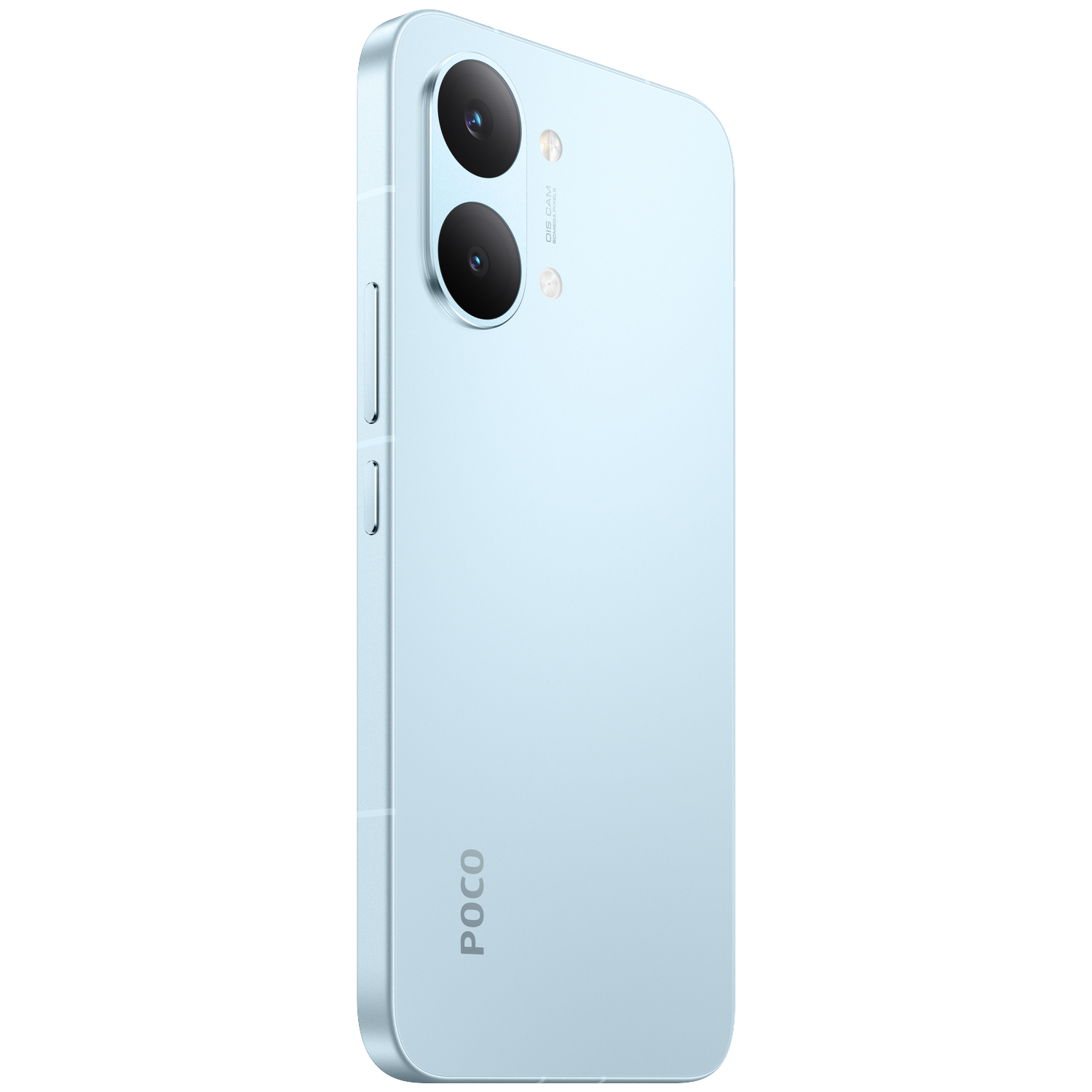 A light blue smartphone with two cameras on the back.