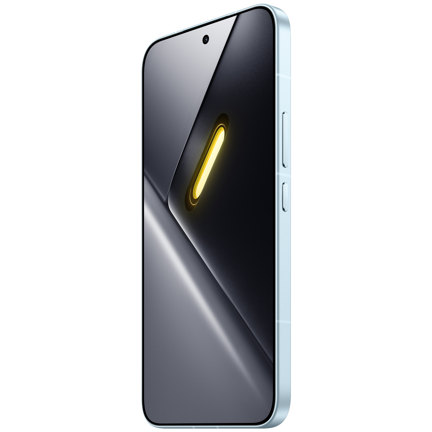 A light blue smartphone with a dark, metallic design and a yellow light detail.