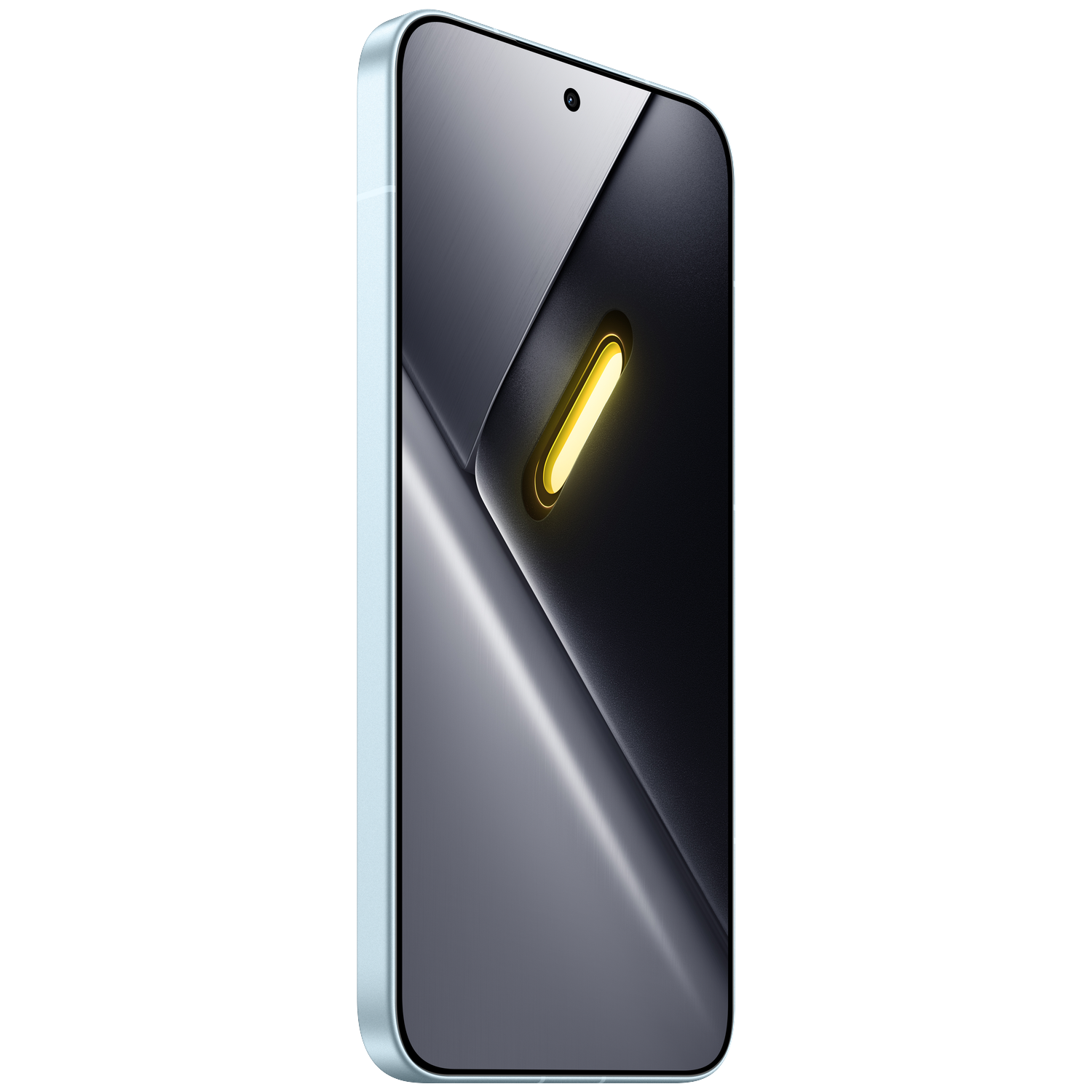A light blue, modern smartphone frame with a dark, metallic display.