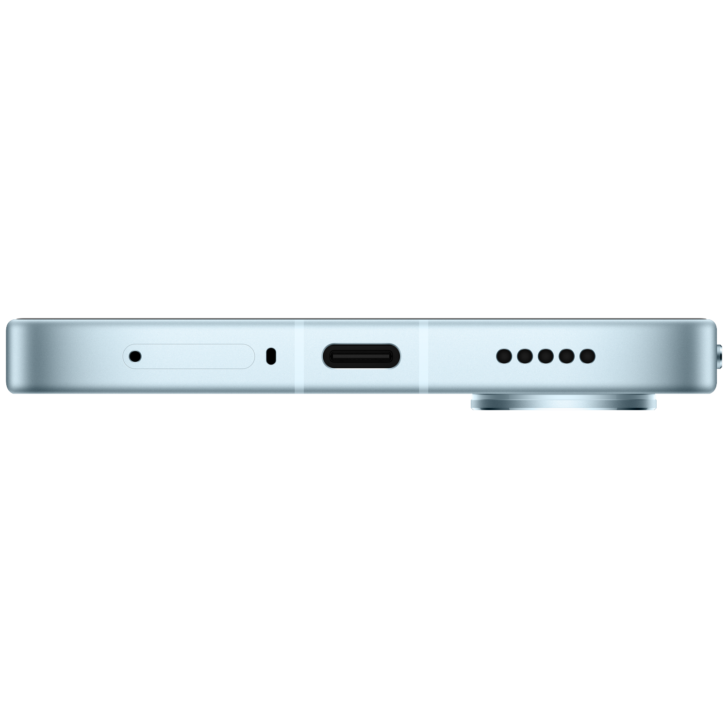 Close-up of a light blue smartphone side, showing USB-C, mic, and speaker openings.