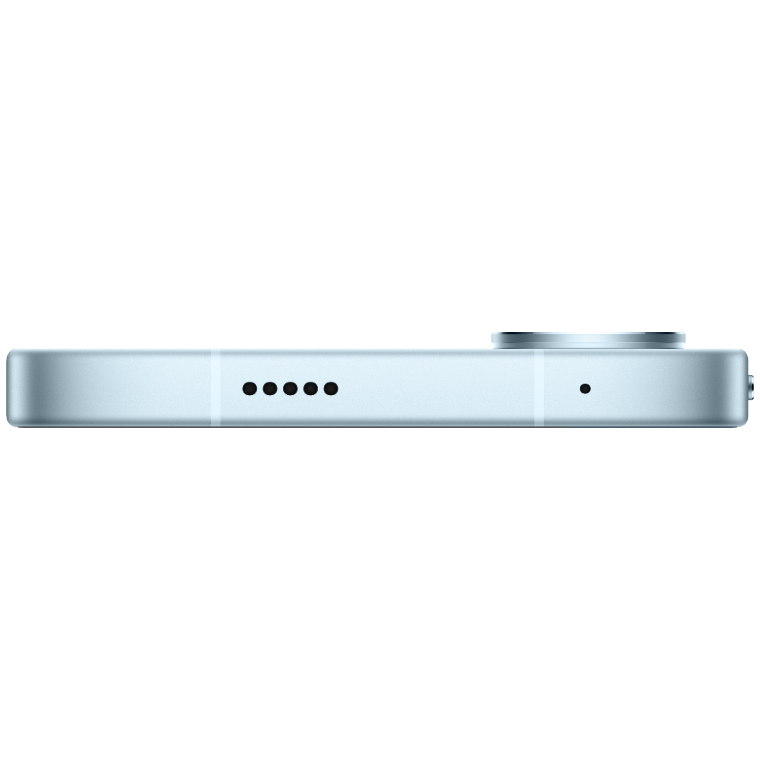 The side of a light blue smartphone showing speaker grilles and a camera lens.