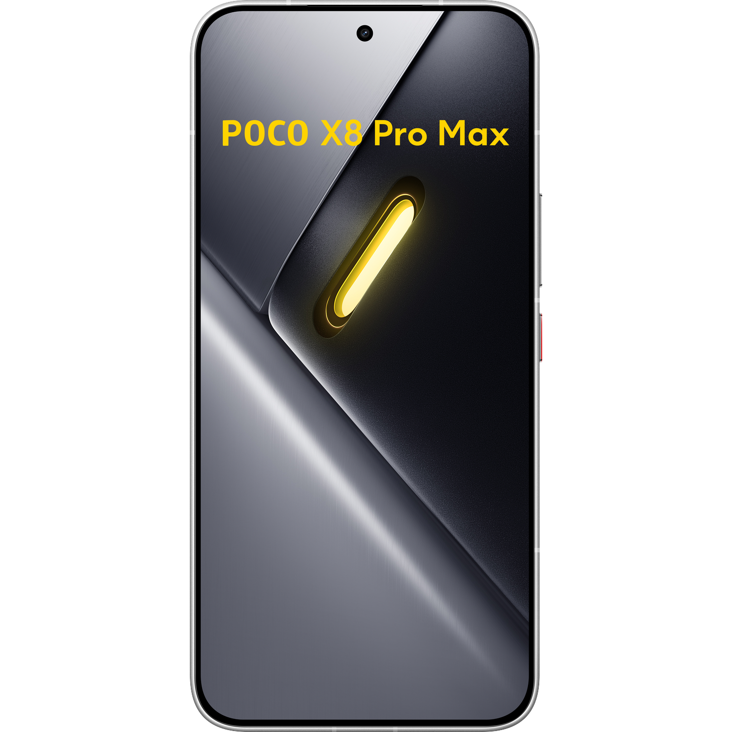 A smartphone displaying POCO X8 Pro Max text on a black background.