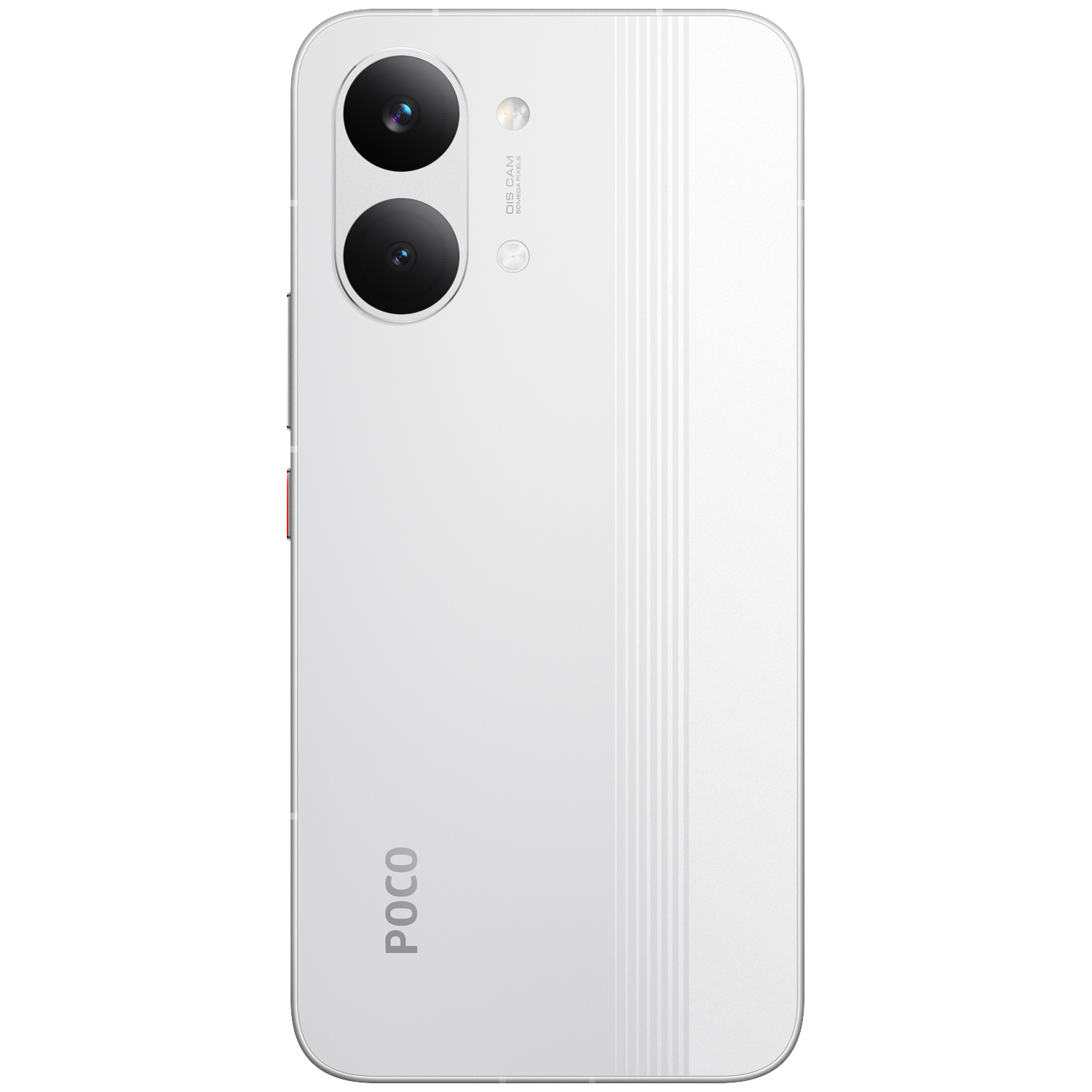 White smartphone back with dual cameras and POCO logo.