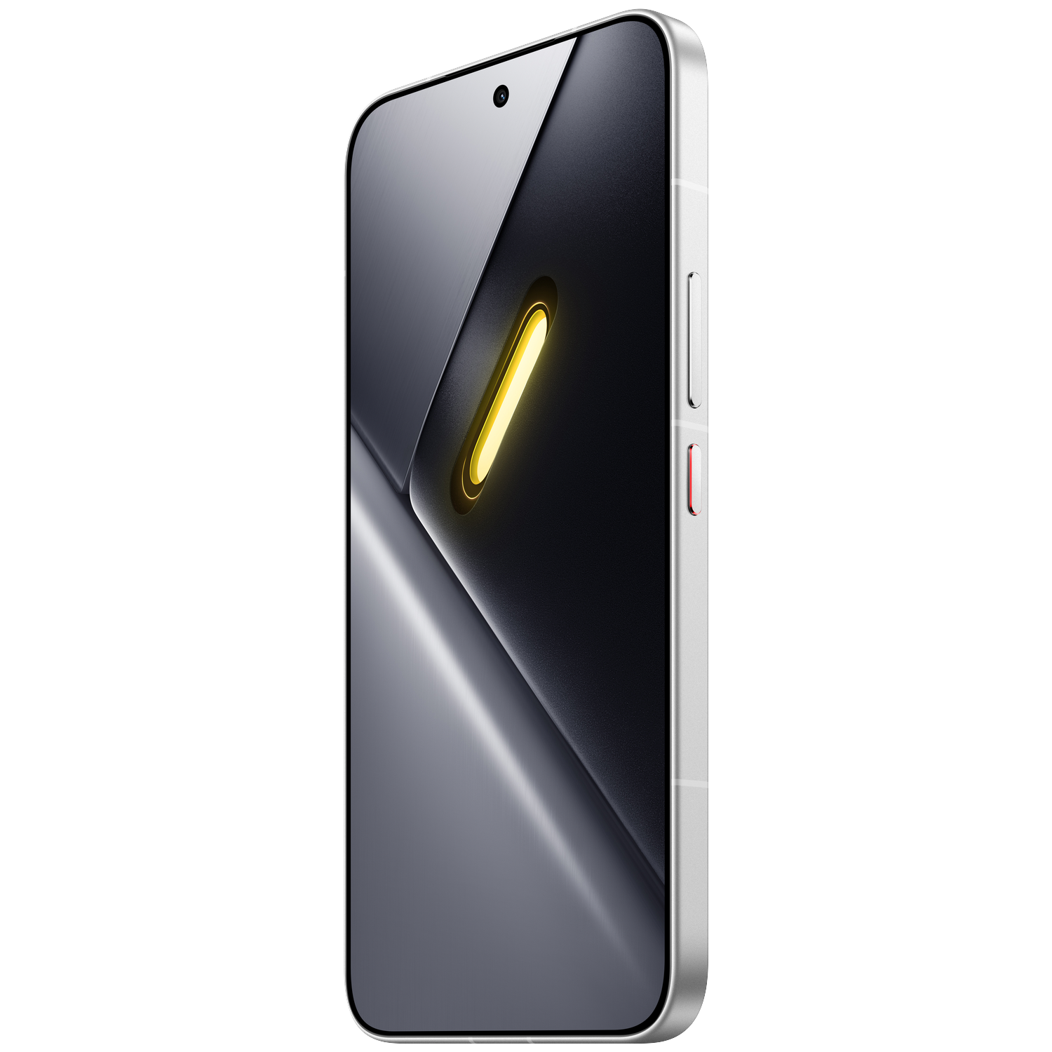A silver smartphone with a dark screen and a yellow light accent.