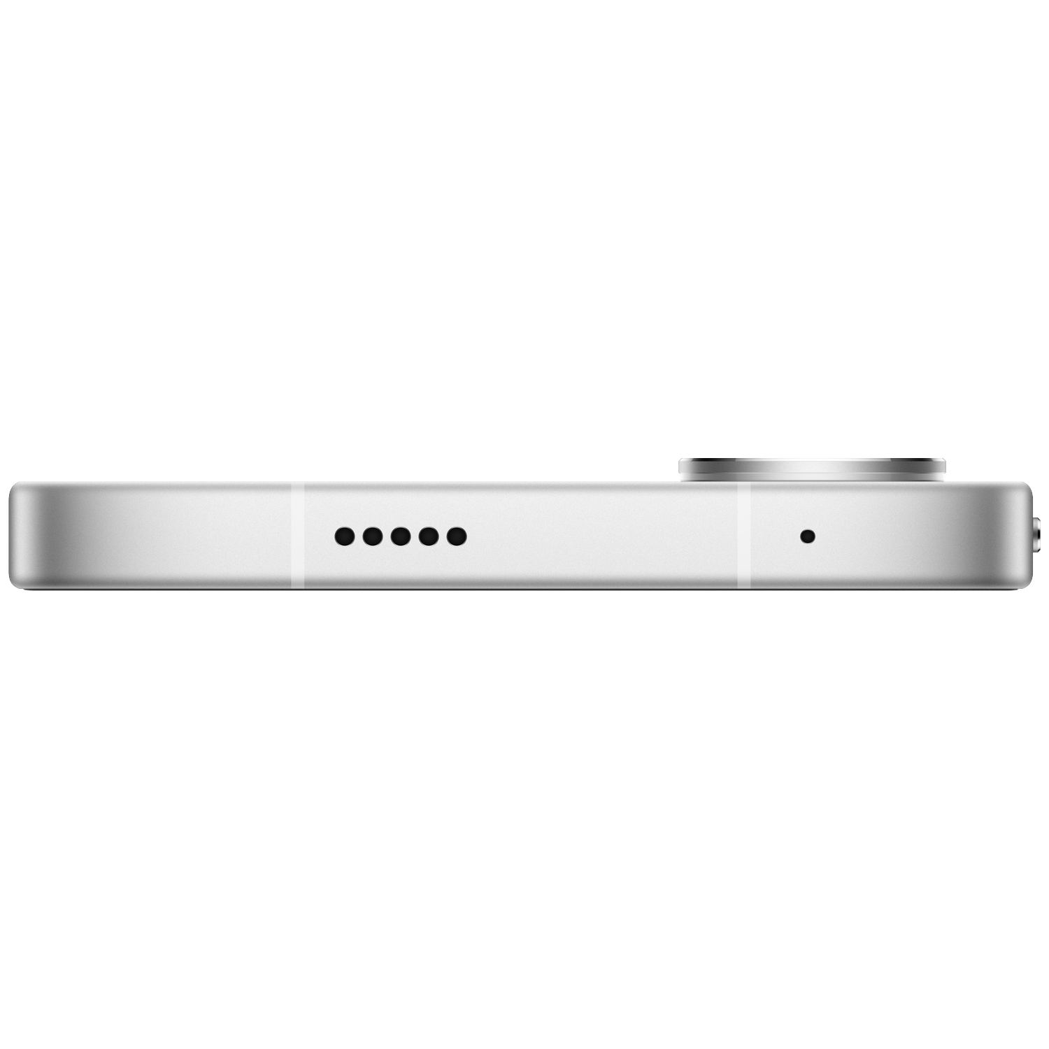 Close-up of a white smartphone side view, showing charging port and speaker holes.