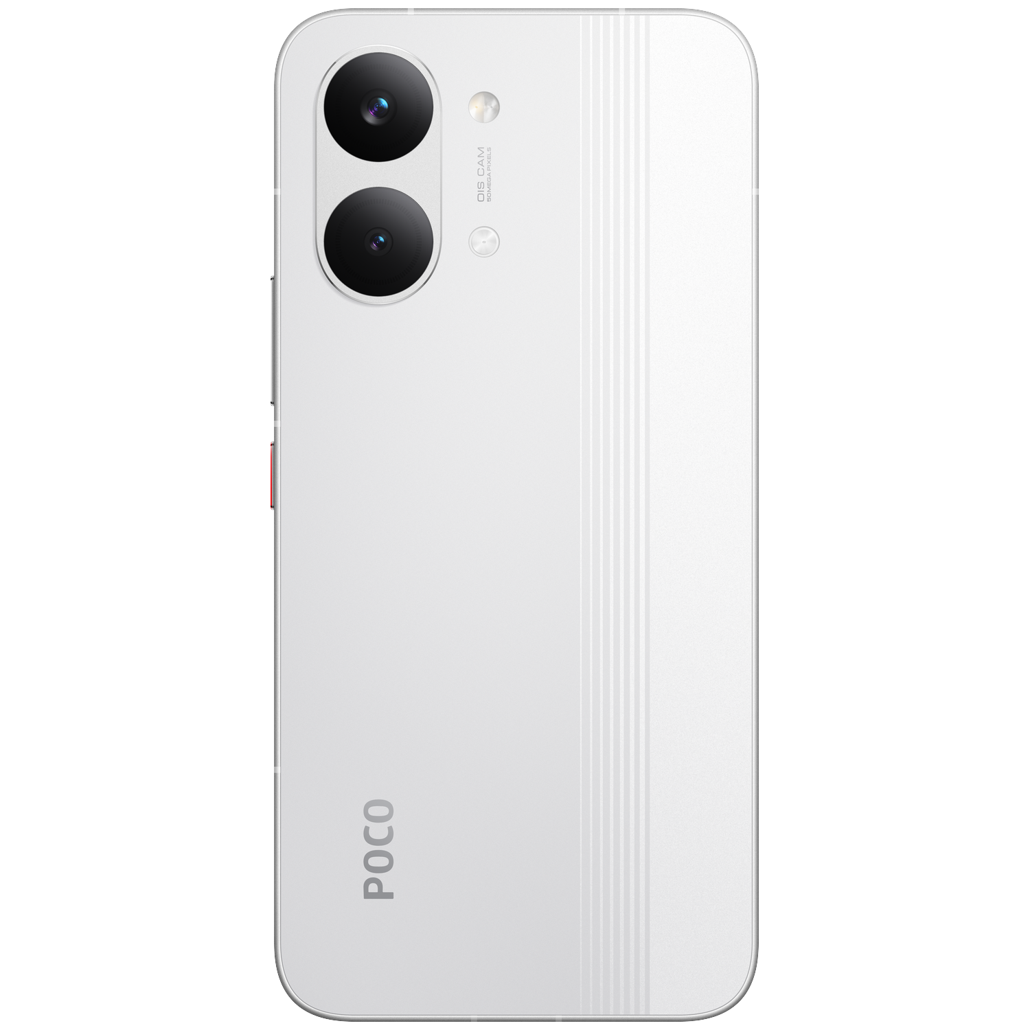 White smartphone back with dual cameras and POCO logo.