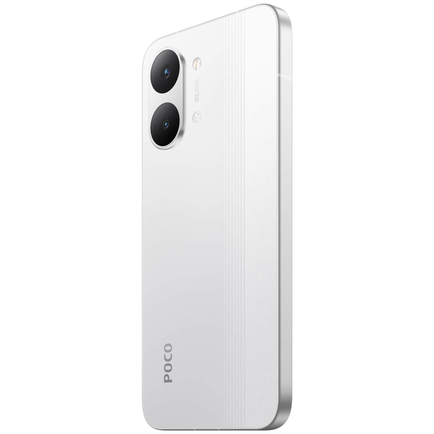 A white smartphone with two camera lenses and POCO branding.