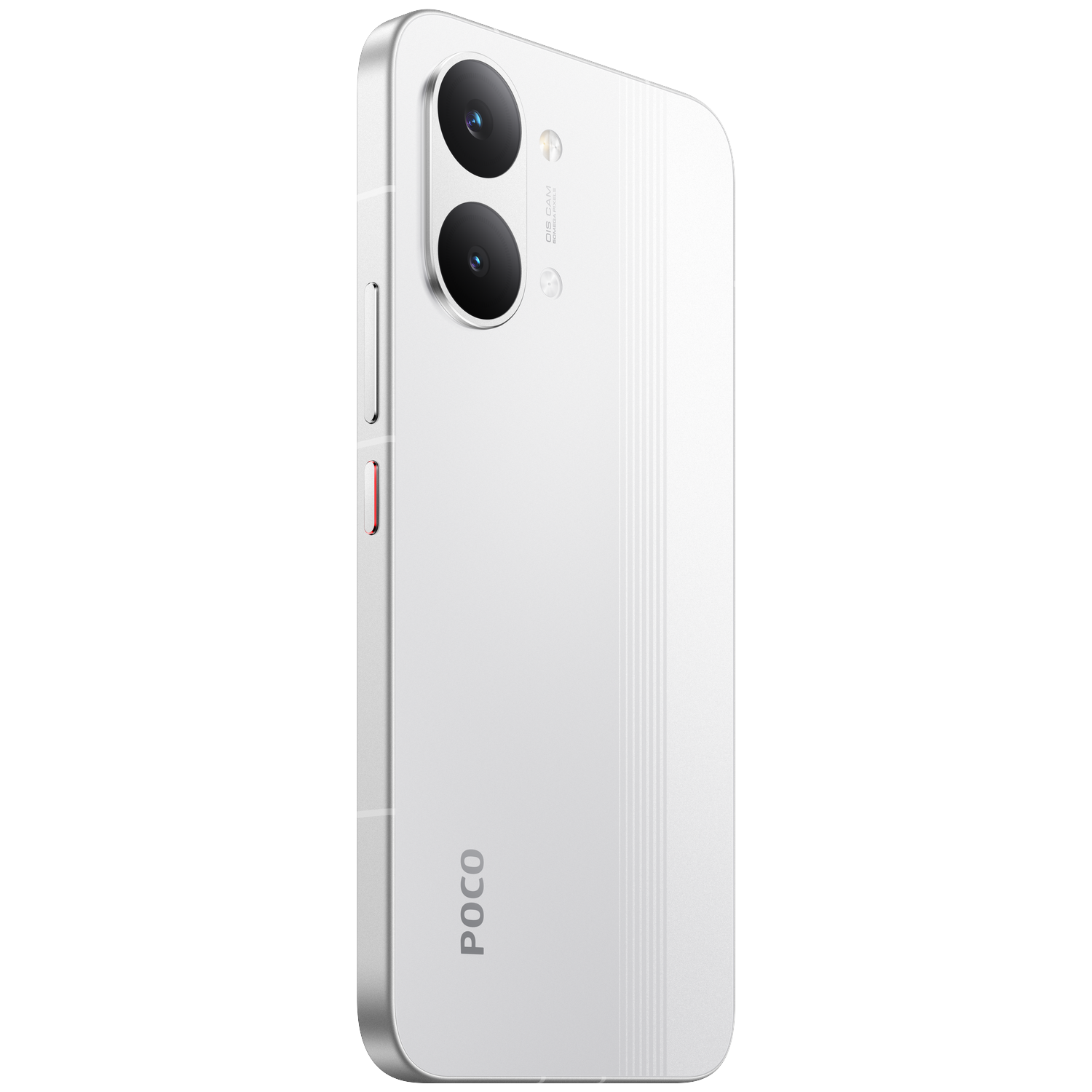 A white smartphone with two cameras and a POCO logo.