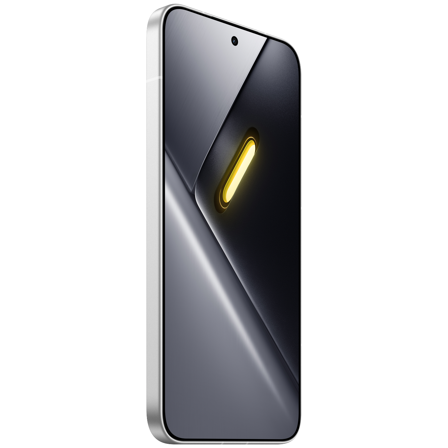 A modern smartphone with a silver frame and a dark display.