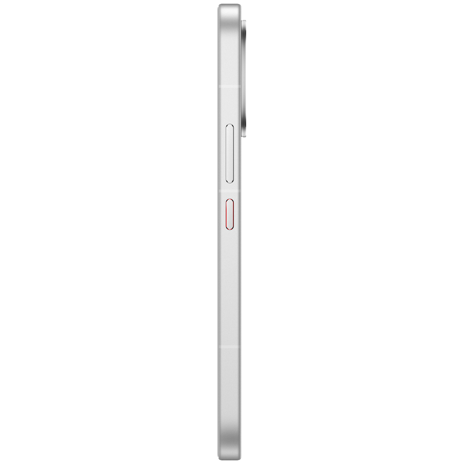 Silver smartphone viewed from the side with red accents.