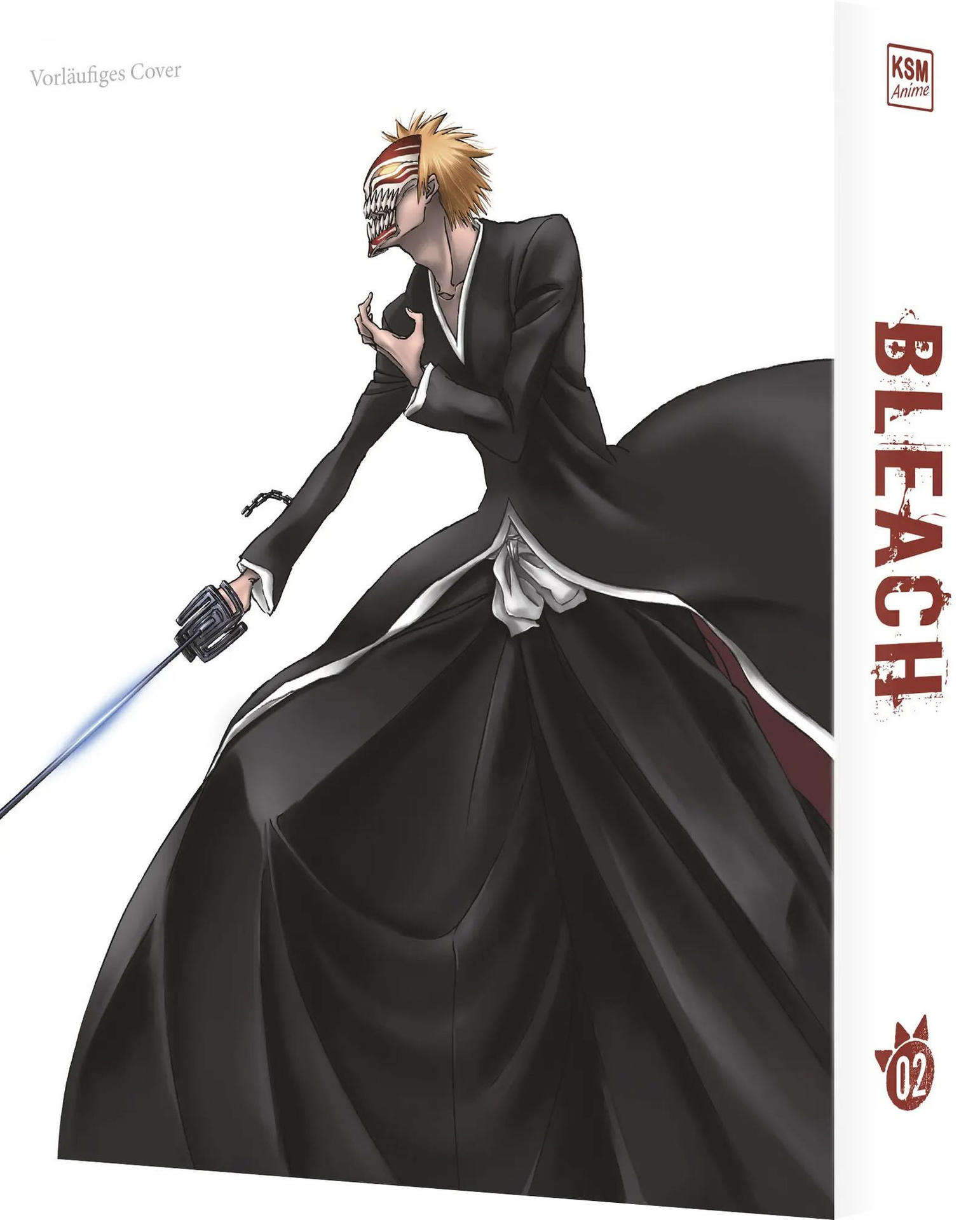 Ein Anime-Charakter mit Maske und schwarzem Gewand, der ein leuchtendes Schwert hält.