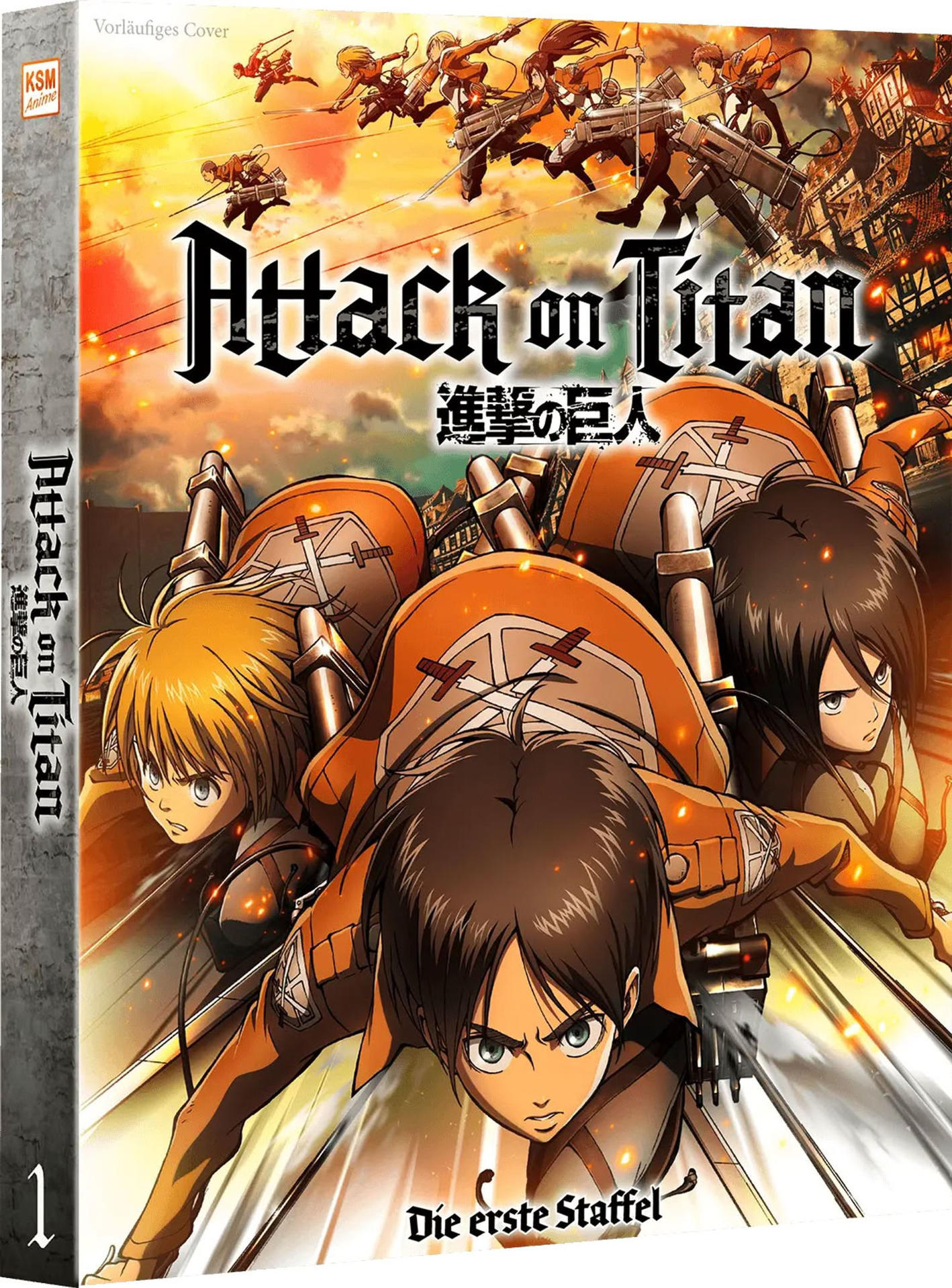 Anime-Figuren in Aktion mit Attack on Titan Schriftzug und Stadtkulisse.