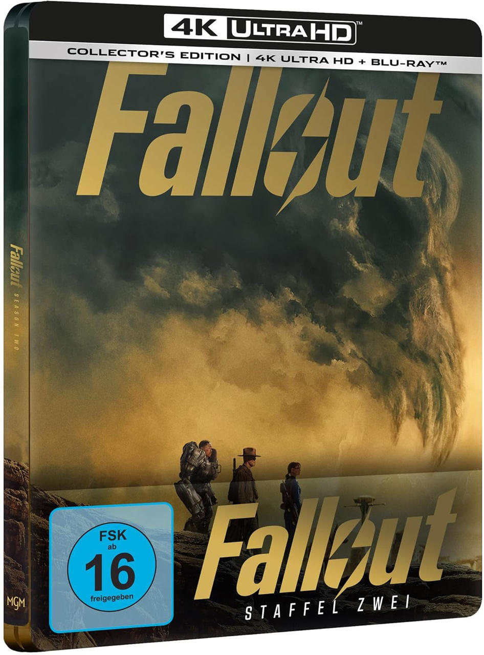 Die Fallout Staffel Zwei Collector's Edition 4K UHD Blu-ray Hülle zeigt drei Figuren.