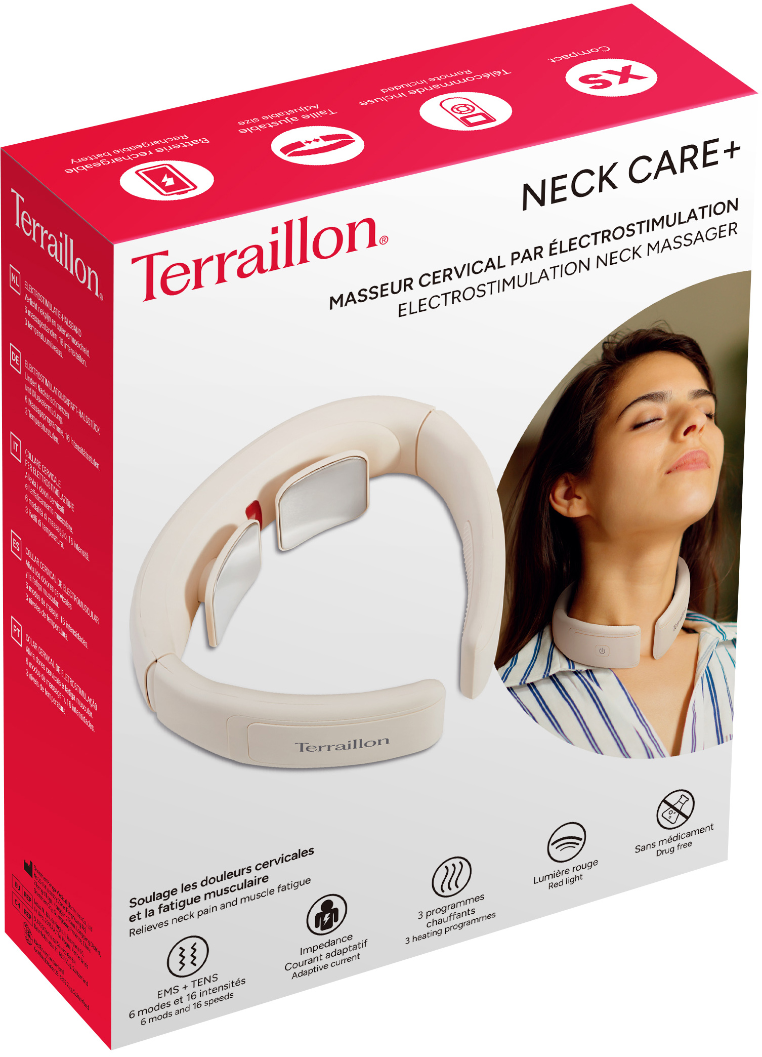 Ein Nackenmassagegerät mit Fernbedienung und Ladefunktion auf einer Verpackung.