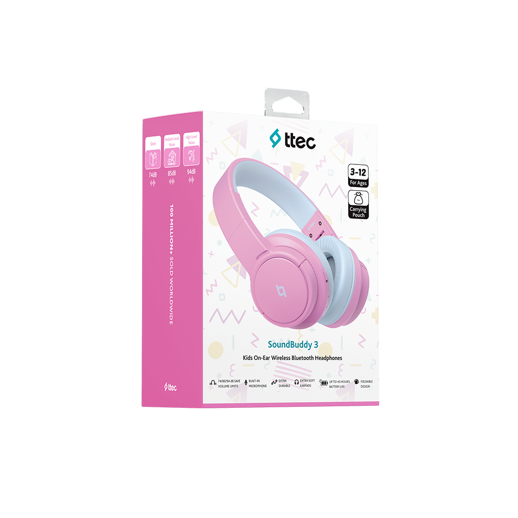 Pembe Ttec SoundBuddy 3 kulaklık, mavi vurgulu ambalajı üzerinde.