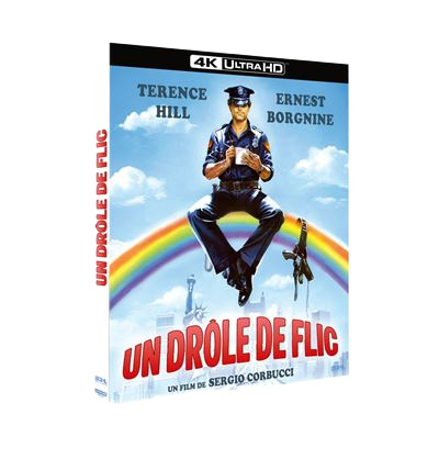 Een politieagent zit op een regenboog boven een stad.