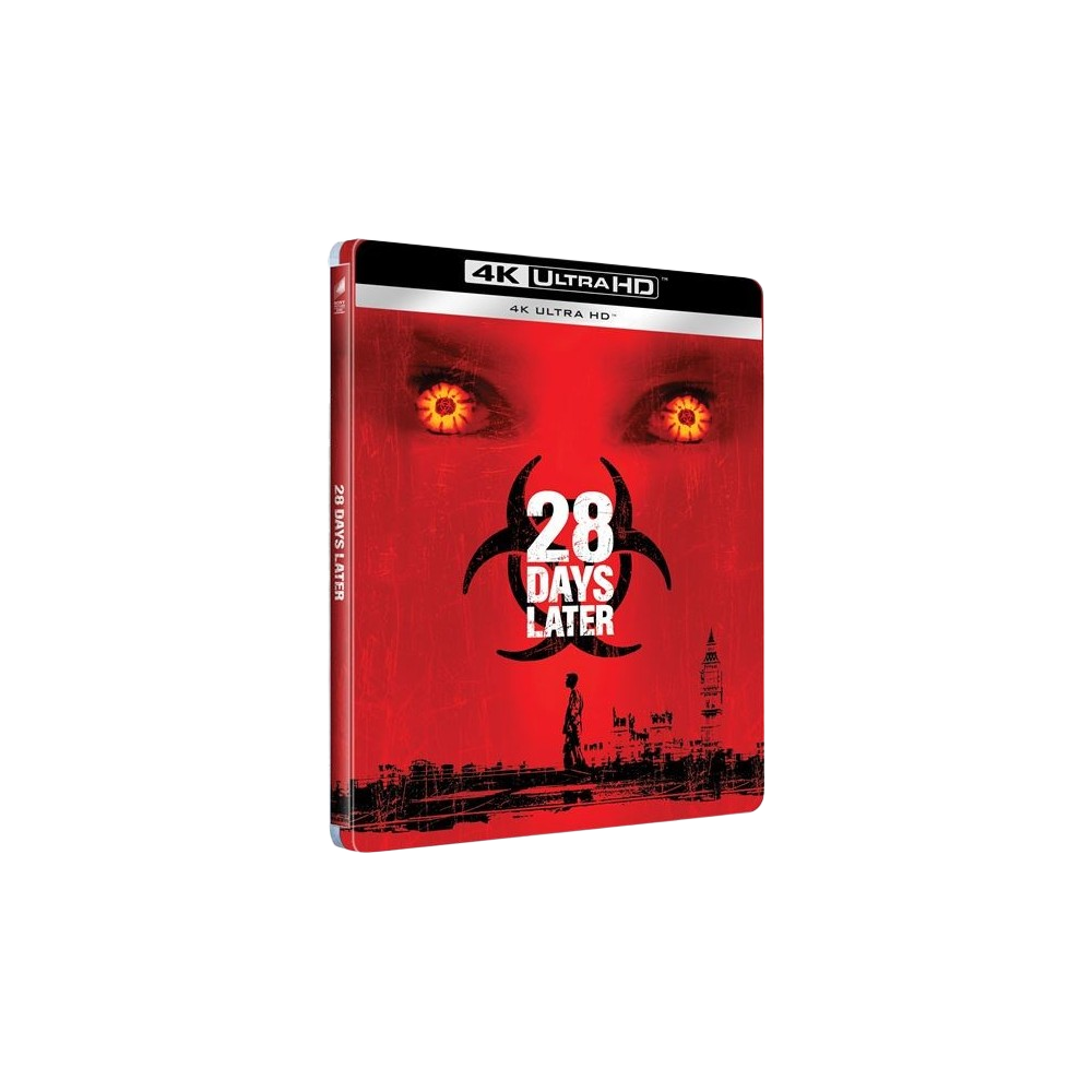 4K Ultra HD case: 28 Days Later, red cover, glowing eyes, biohazard symbol.