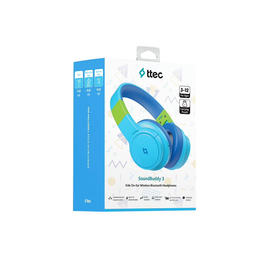Mavi ve yeşil Ttec SoundBuddy 3 çocuk kulaklığı ambalaj üzerinde.