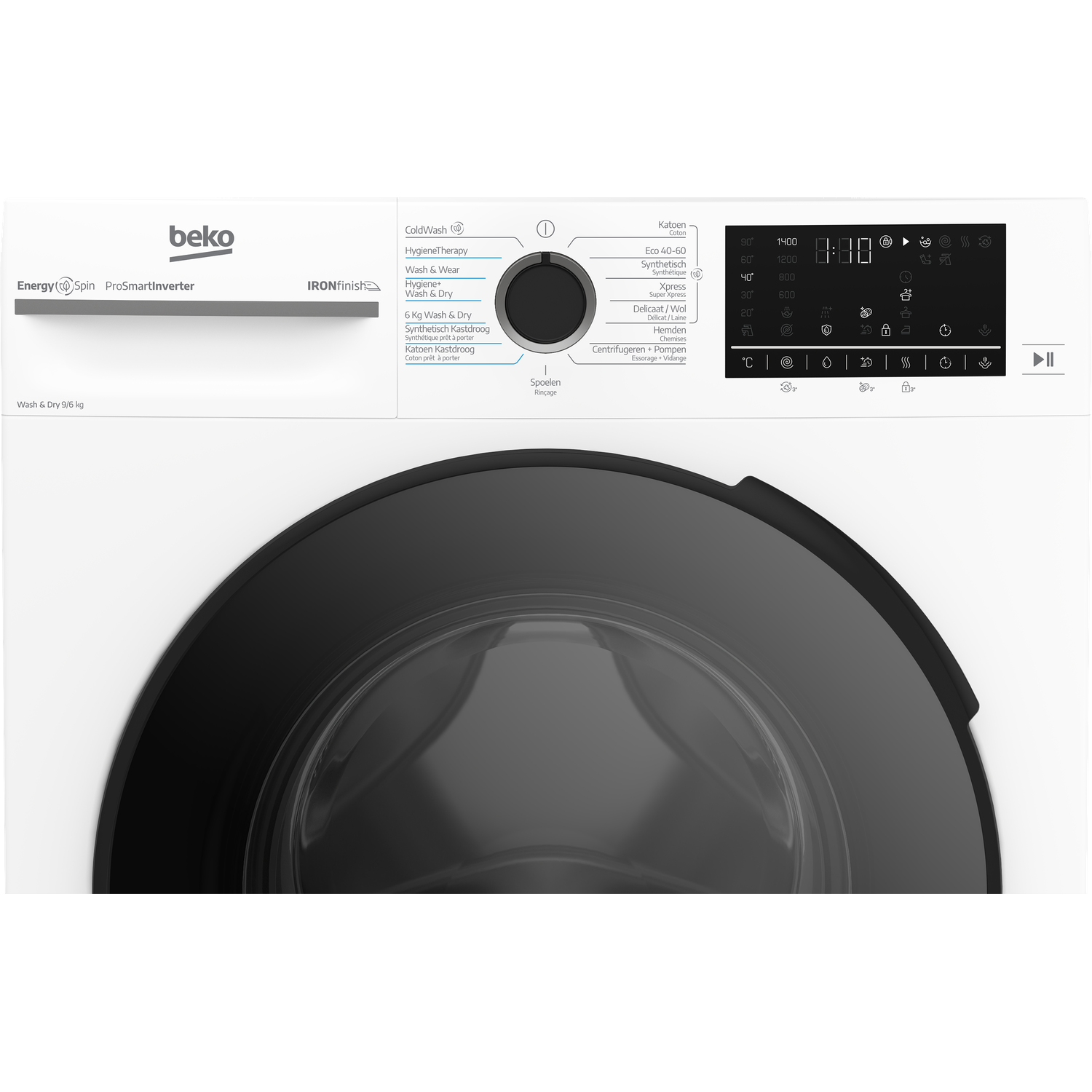 Beko washing machine with display, program dial, and round door.