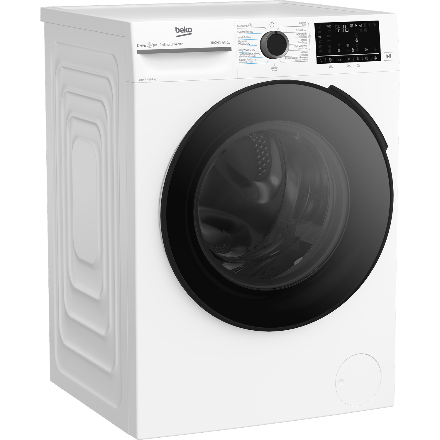 A white Beko washing machine with a black door and control panel.
