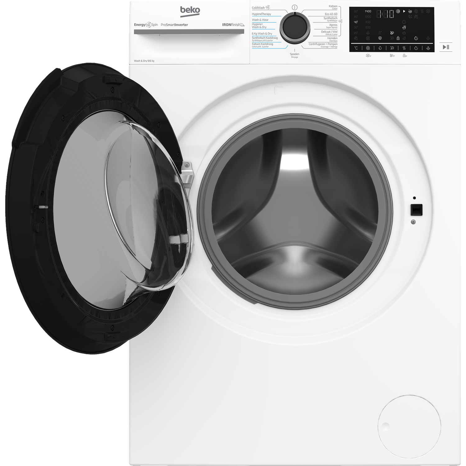 White Beko washing machine with open door and control panel.