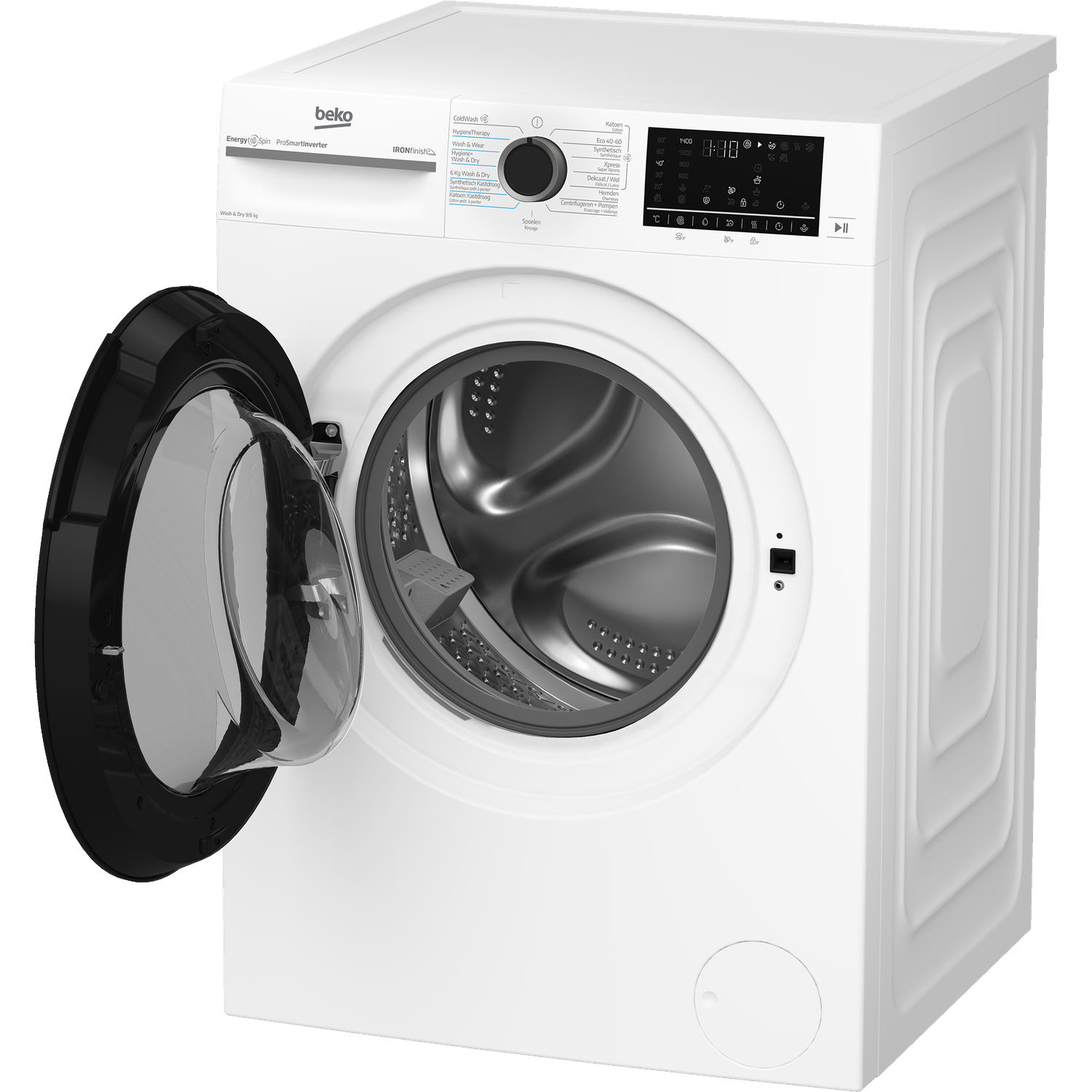 White Beko washing machine with open door and digital display.