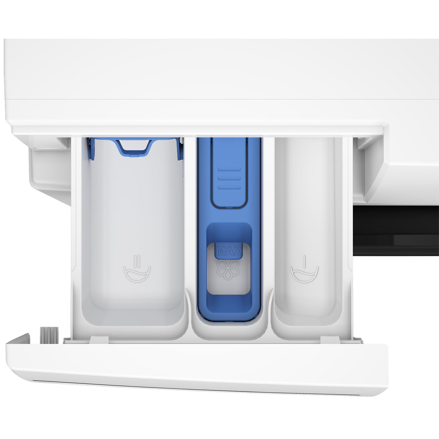 White washing machine drawer with three compartments, blue insert.