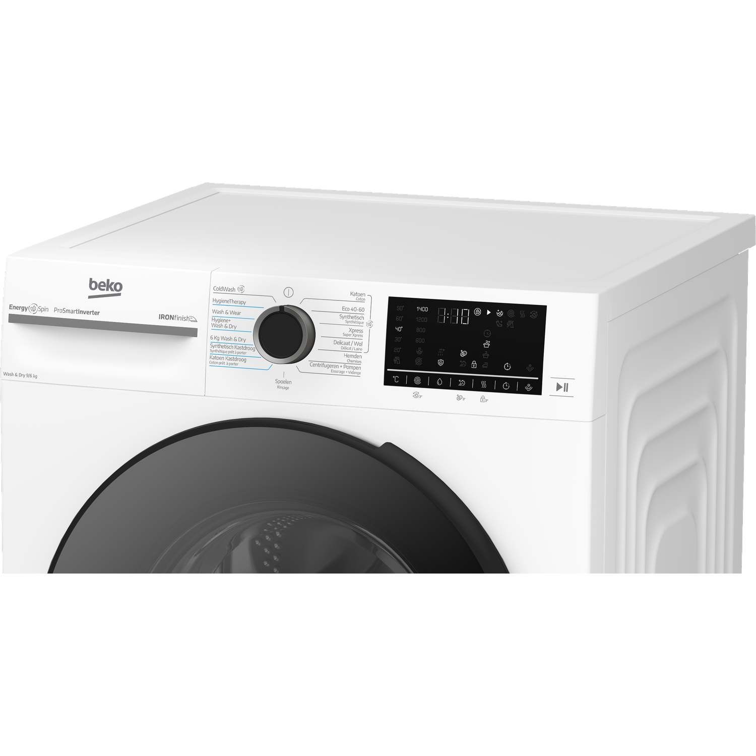 White Beko washing machine with digital display and program selection. Door and control panel are visible.