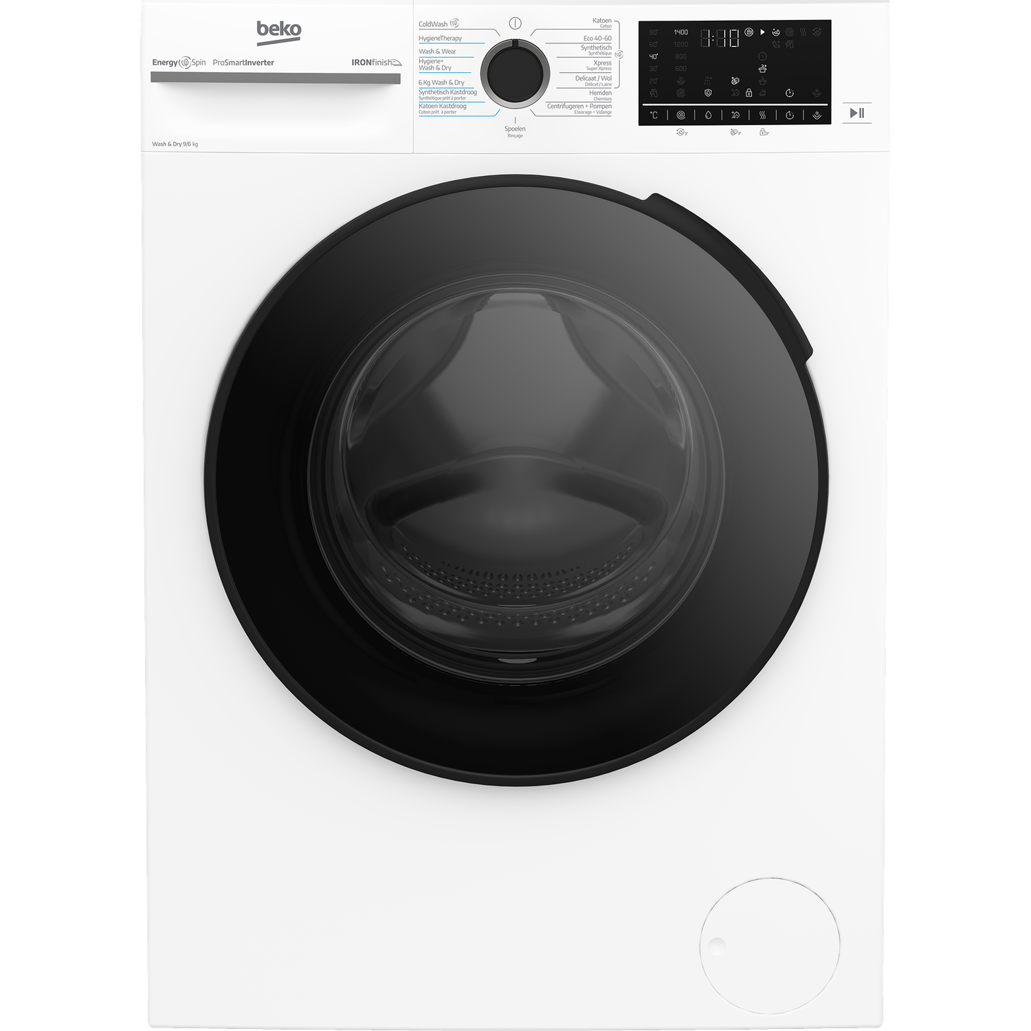 A white Beko washing machine with a black door and digital display.
