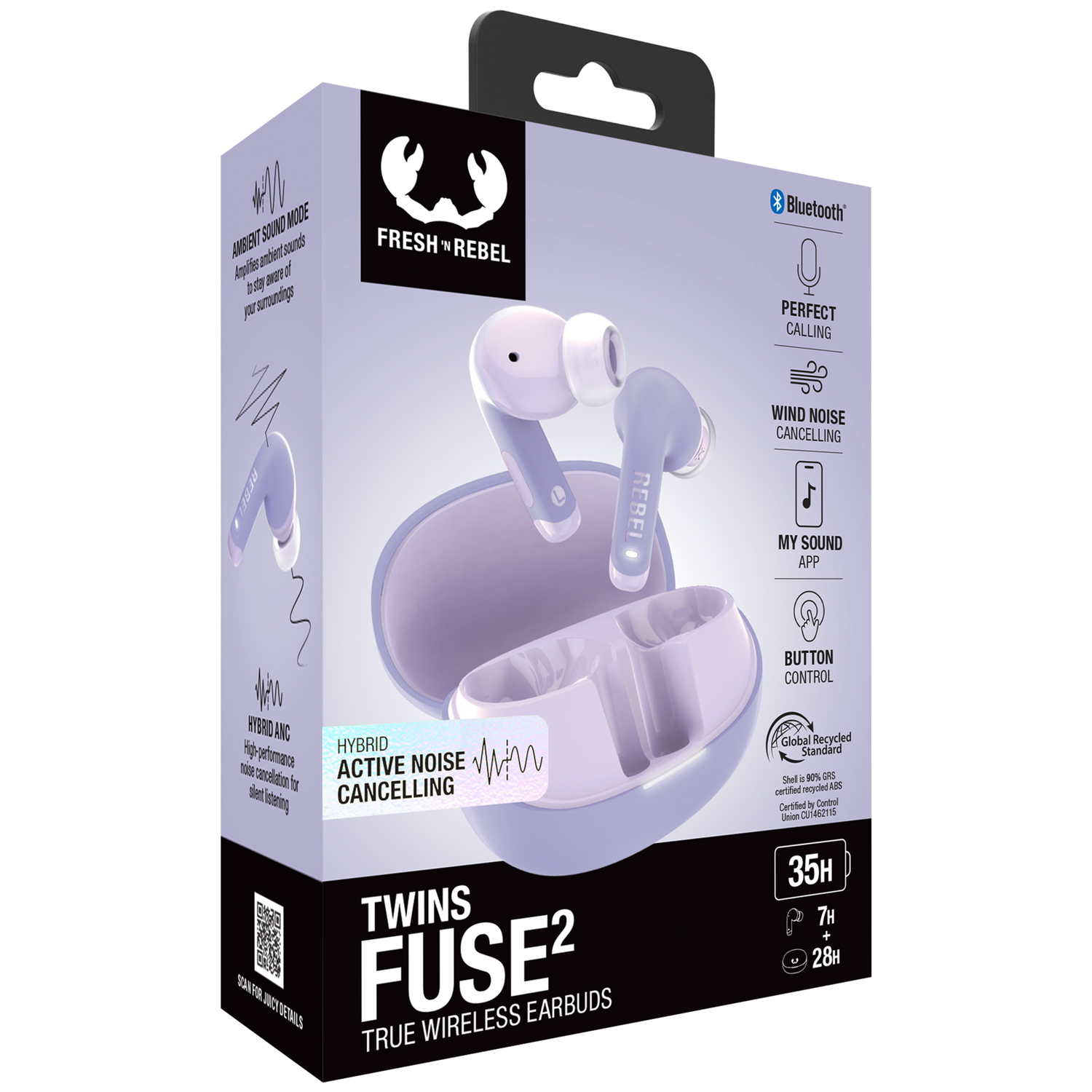 Purple Fresh 'n Rebel wireless earbuds with charging case, Bluetooth and ANC features.