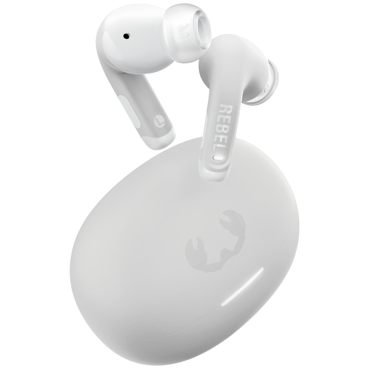 White wireless earbuds with charging case and logo.
