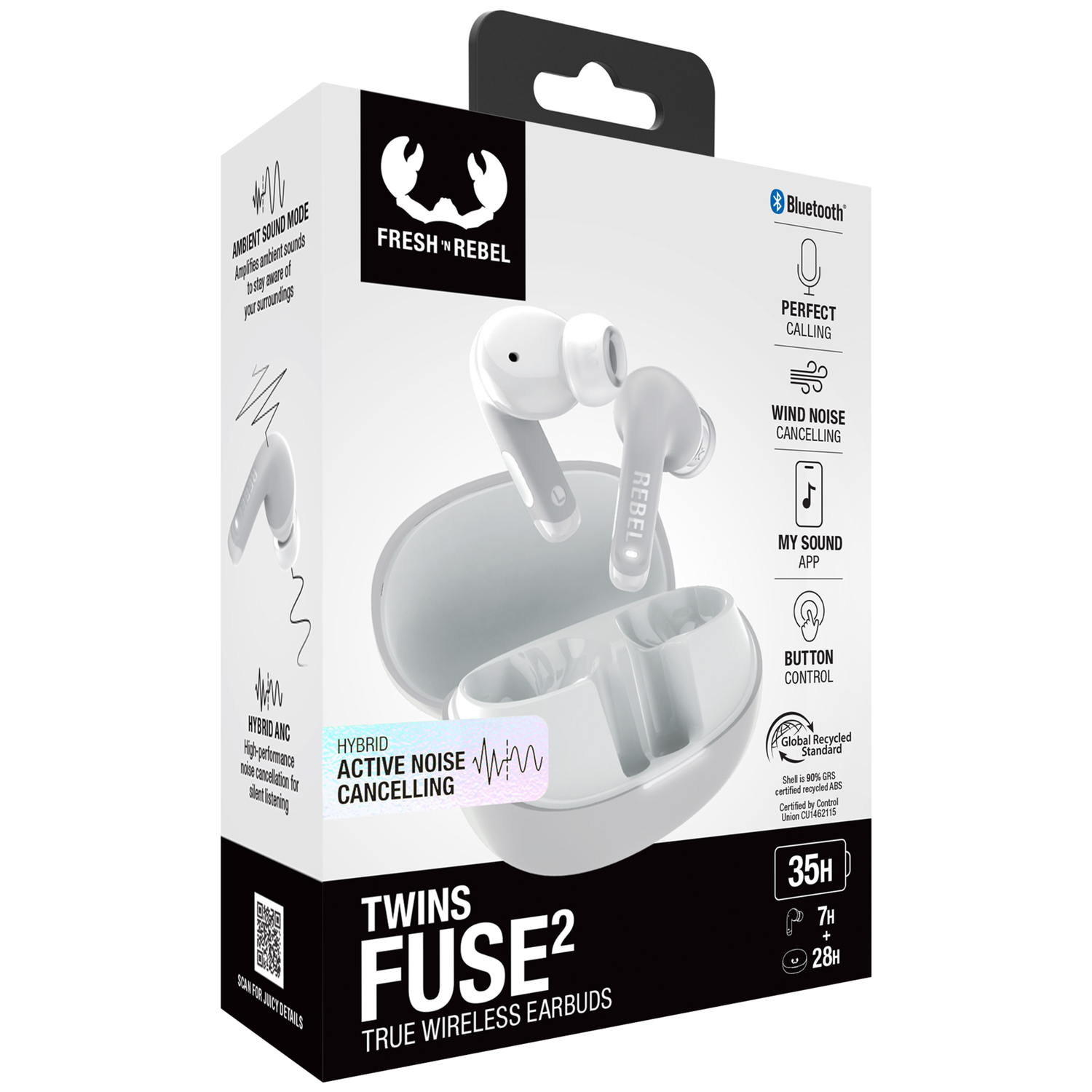 White true wireless earbuds with charging case and Bluetooth icons.