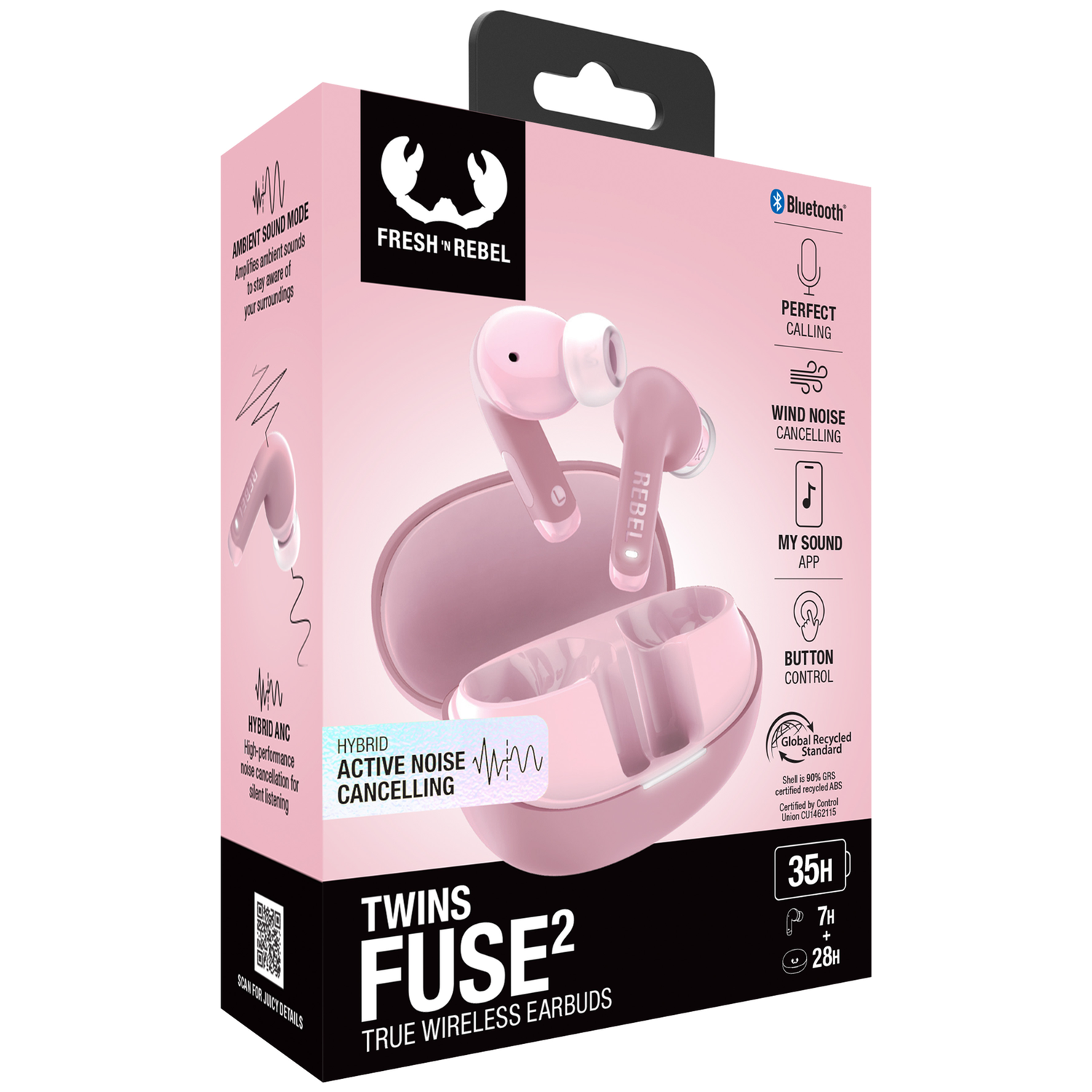 Packaging for pink Fresh 'n Rebel Twins Fuse2 True Wireless earbuds.