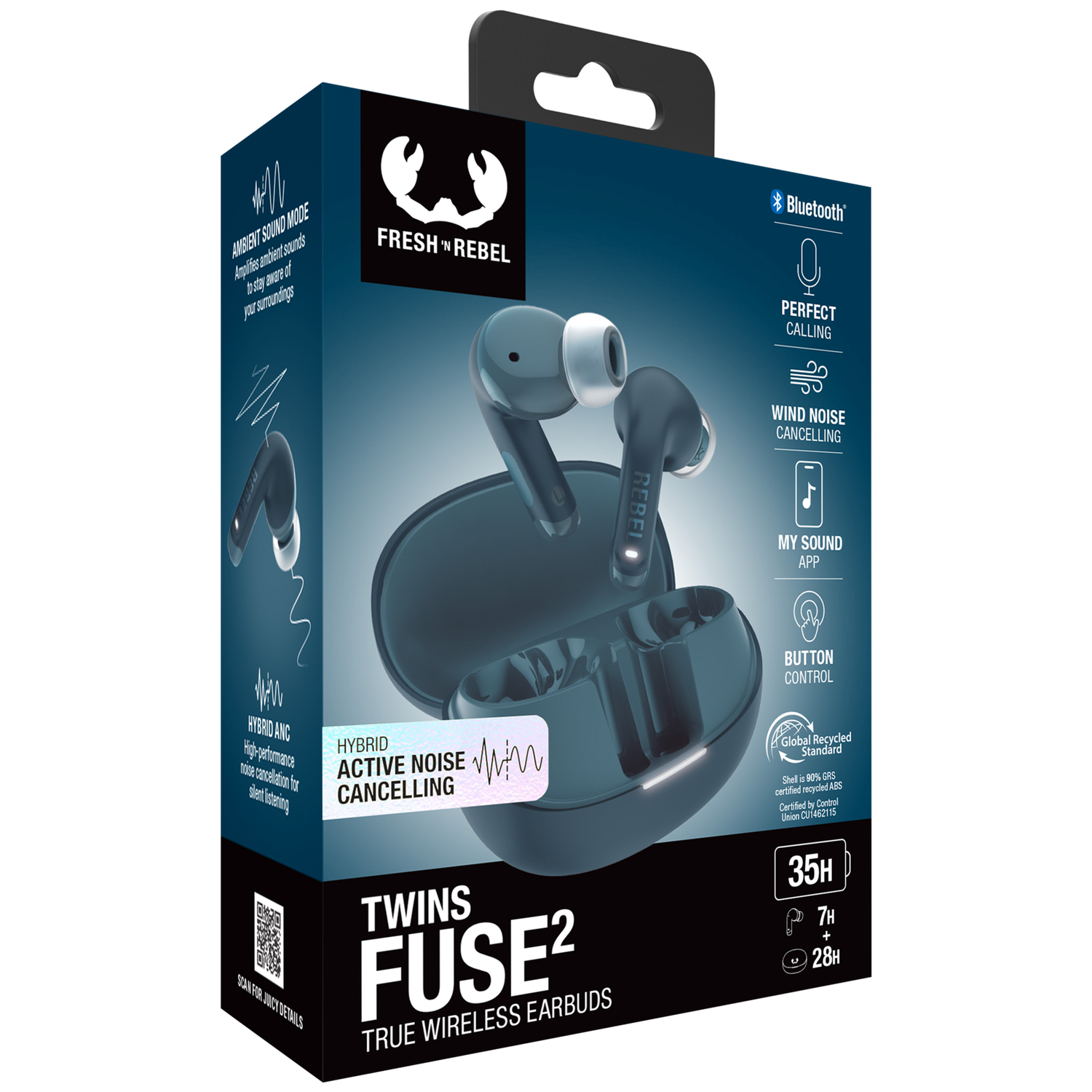 Packaging of Fresh 'n Rebel Twins Fuse2 True Wireless Earbuds in anthracite.